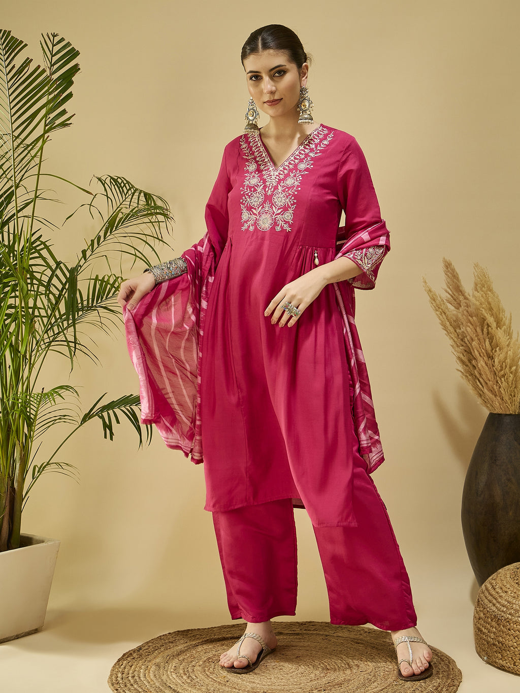 Pink Silk Blend Embroidered Kurta Set — flat lay — silk kurta set party wear — Banwaree India