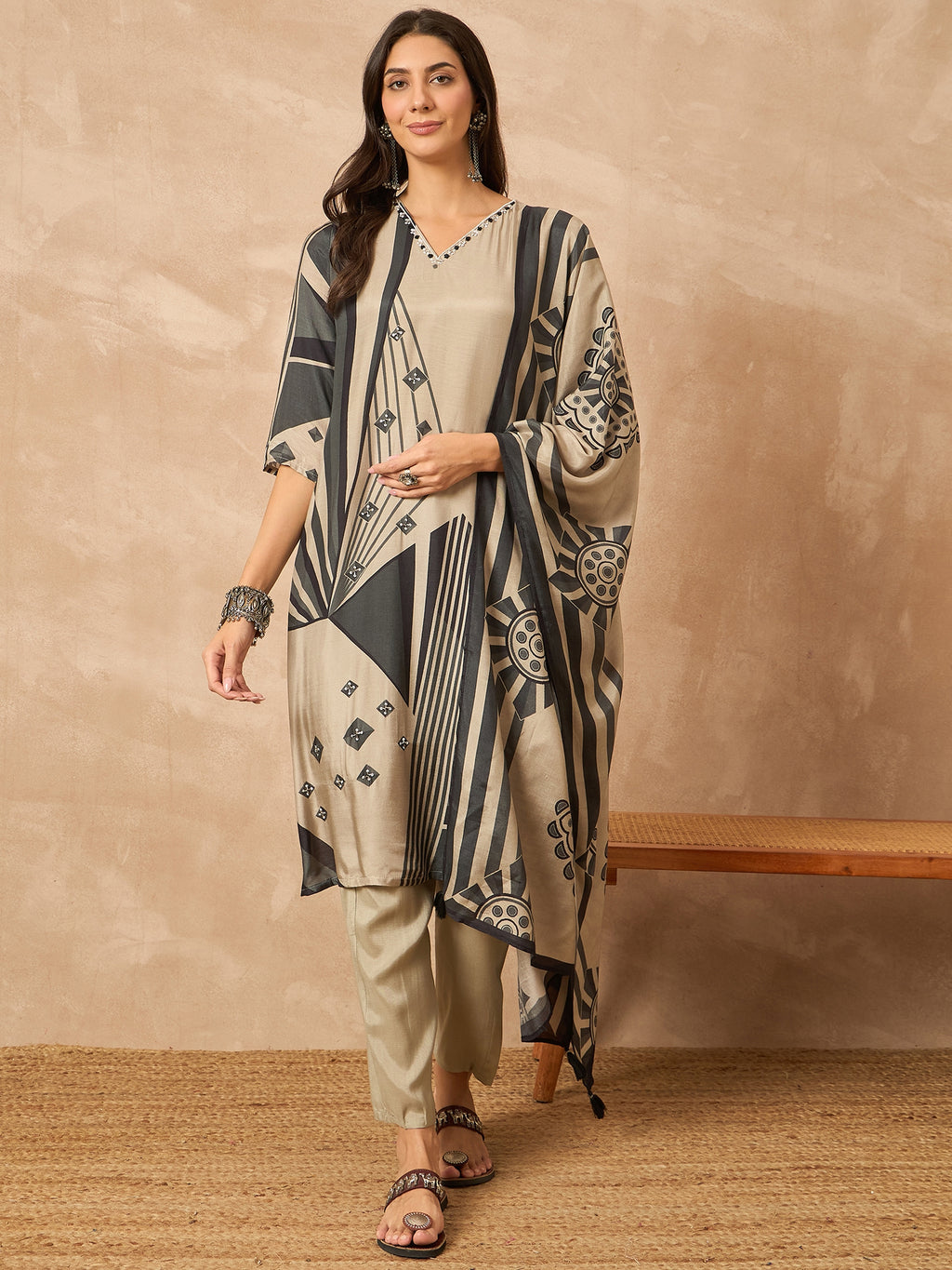 Grey Printed Pure Silk Kurta Set — front view — festive silk kurti with dupatta
