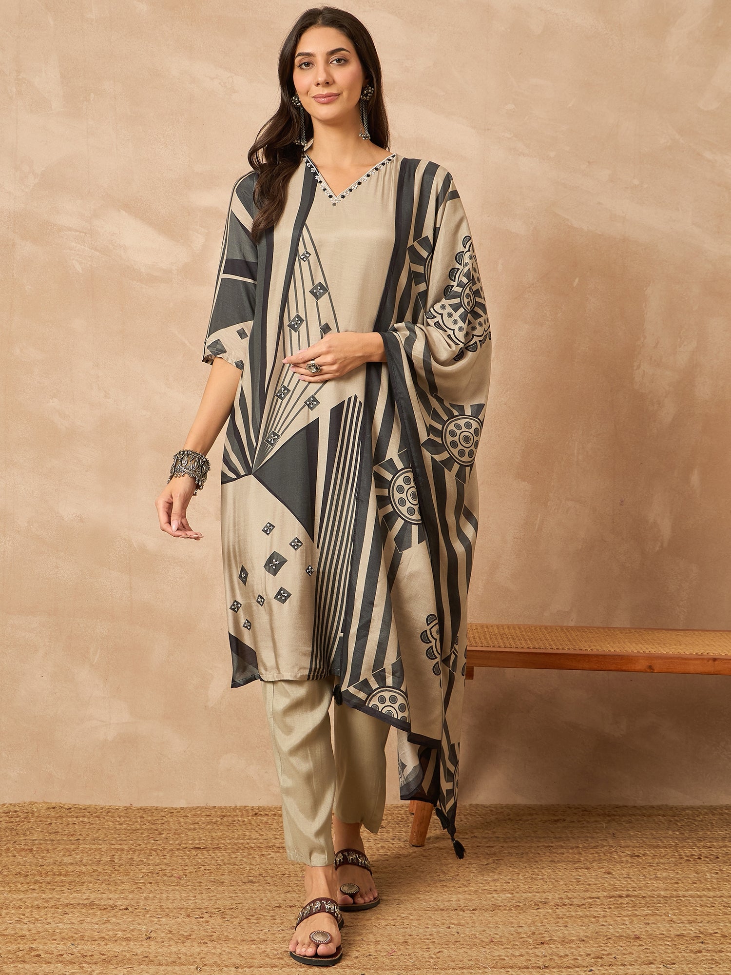 Grey Printed Pure Silk Kurta Set — front view — festive silk kurti with dupatta