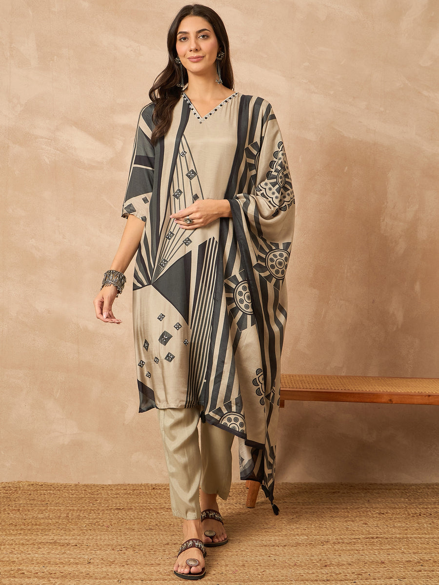 Grey Printed Pure Silk Kurta Set with Dupatta for Women