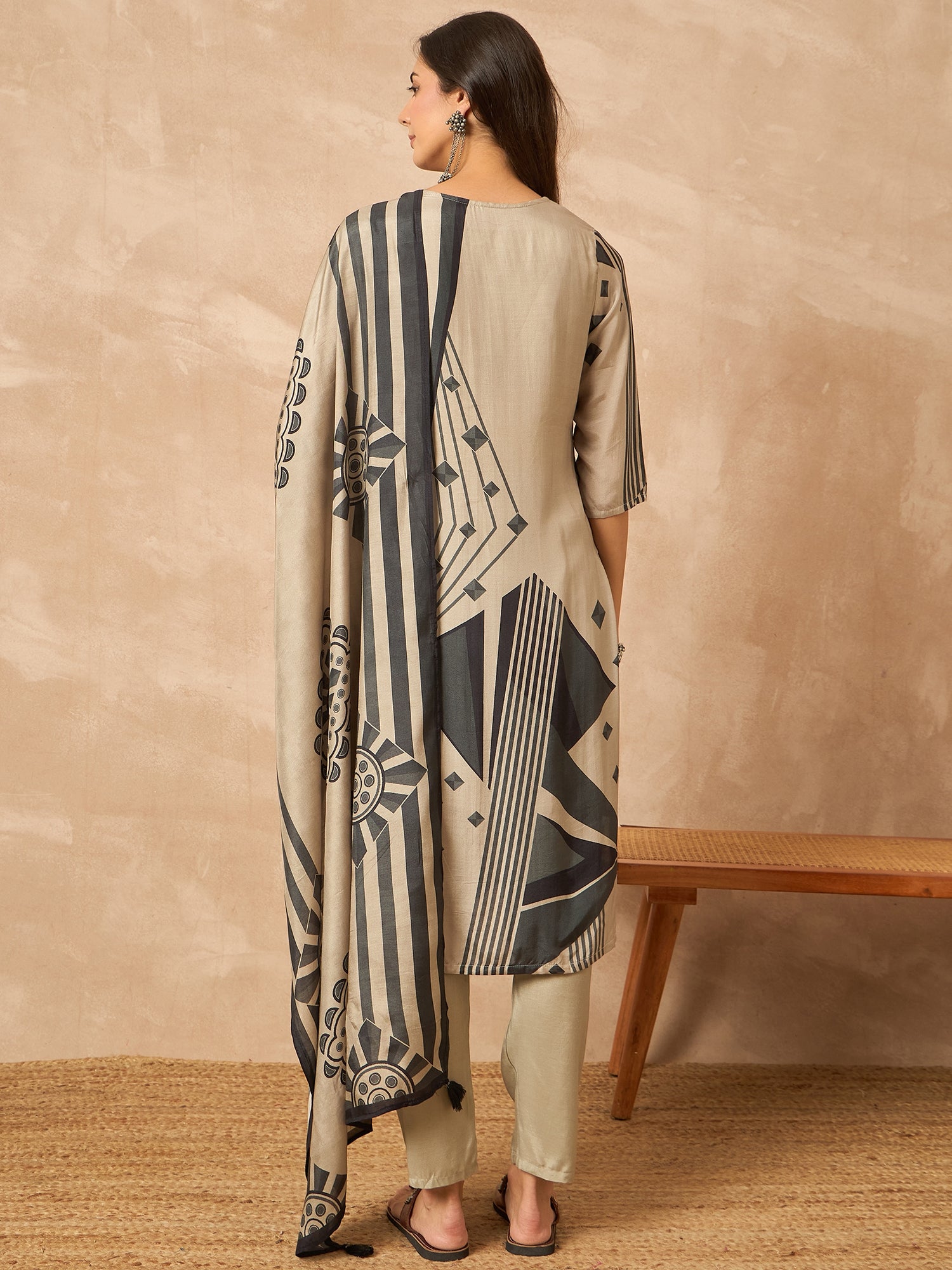 Grey Printed Pure Silk Kurta Set — back view with dupatta — Banwaree India