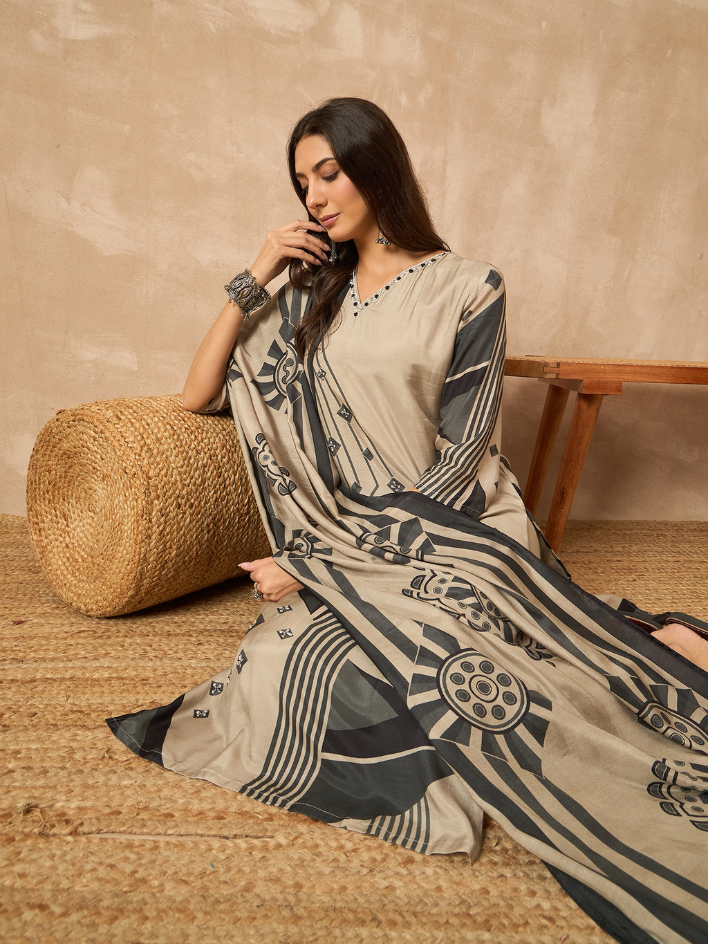 Grey Printed Pure Silk Kurta Set — fabric detail — Grey traditional pure silk