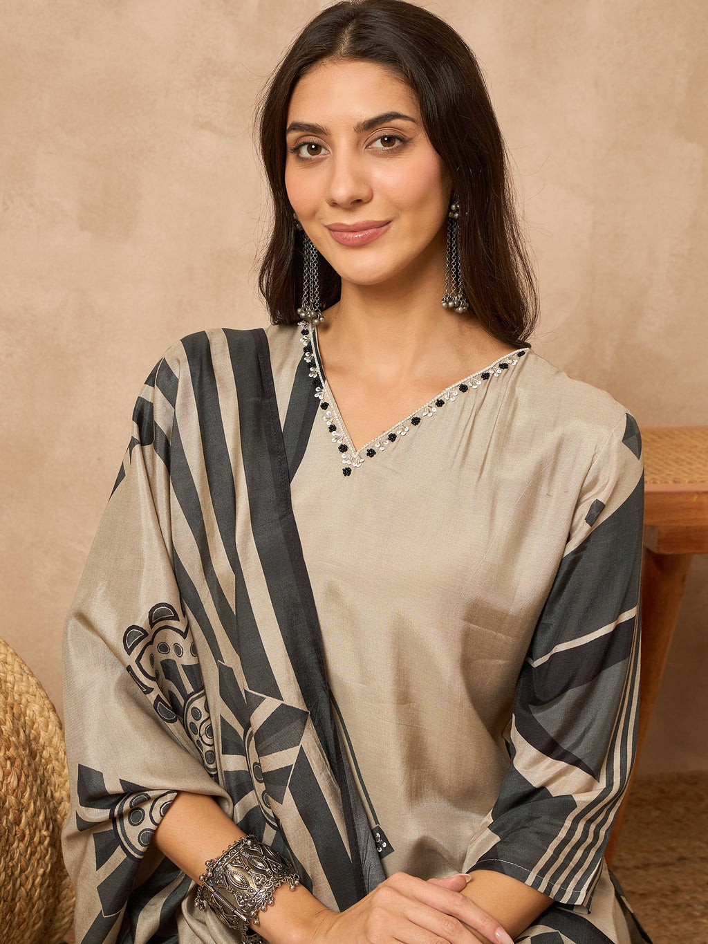 Grey Printed Pure Silk Kurta Set — casual styling — rich pure silk — Banwaree