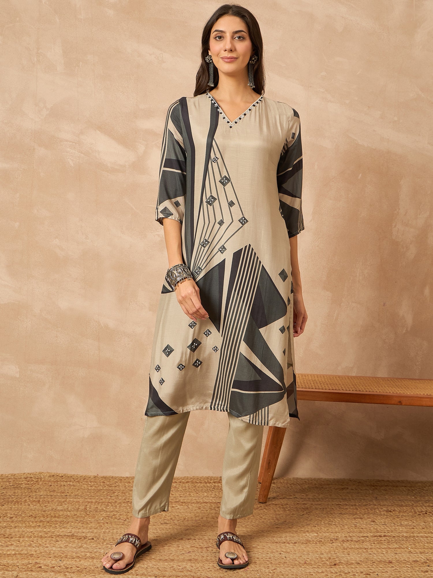 Grey Printed Pure Silk Kurta Set — complete 3-piece set — Grey Pure Silk