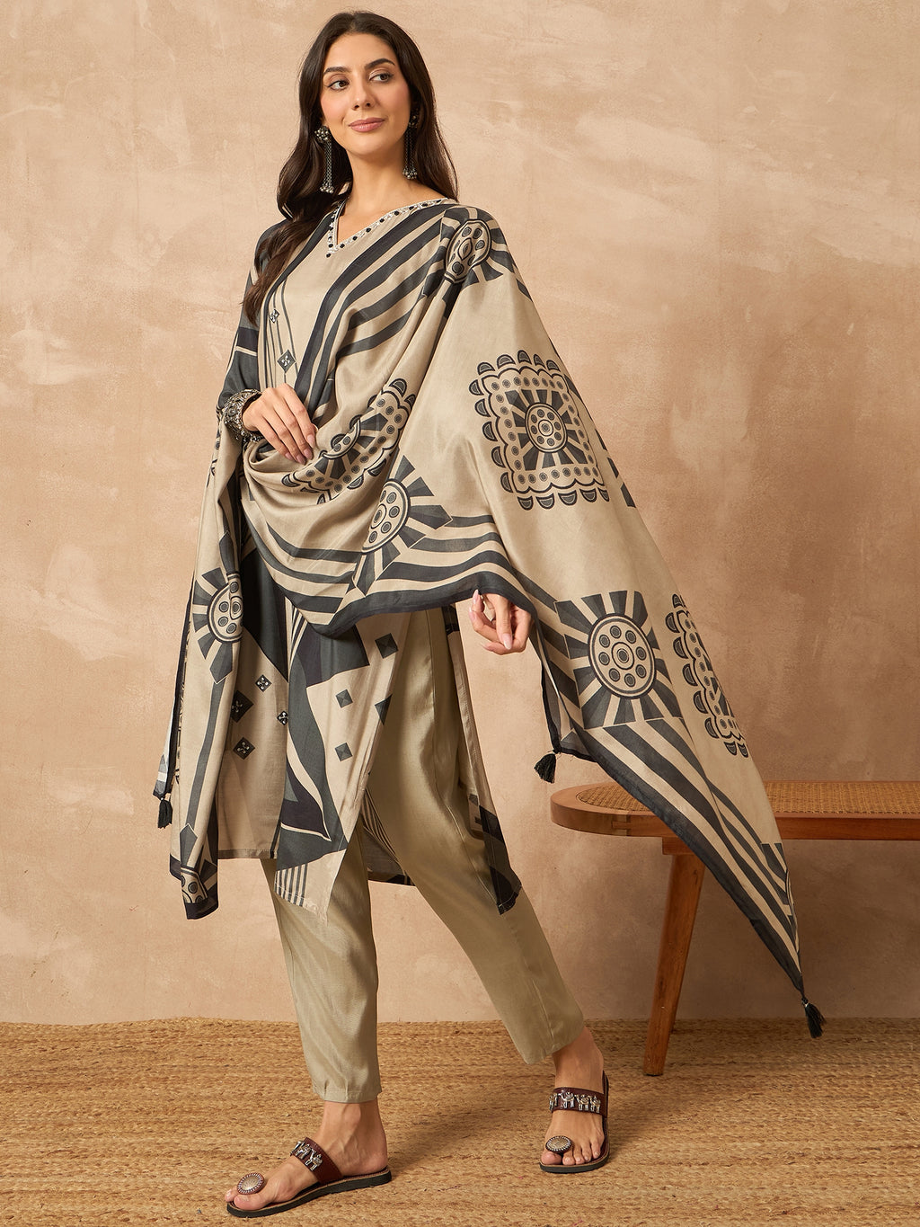 Grey Printed Pure Silk Kurta Set — flat lay — silk kurta set party wear — Banwaree India