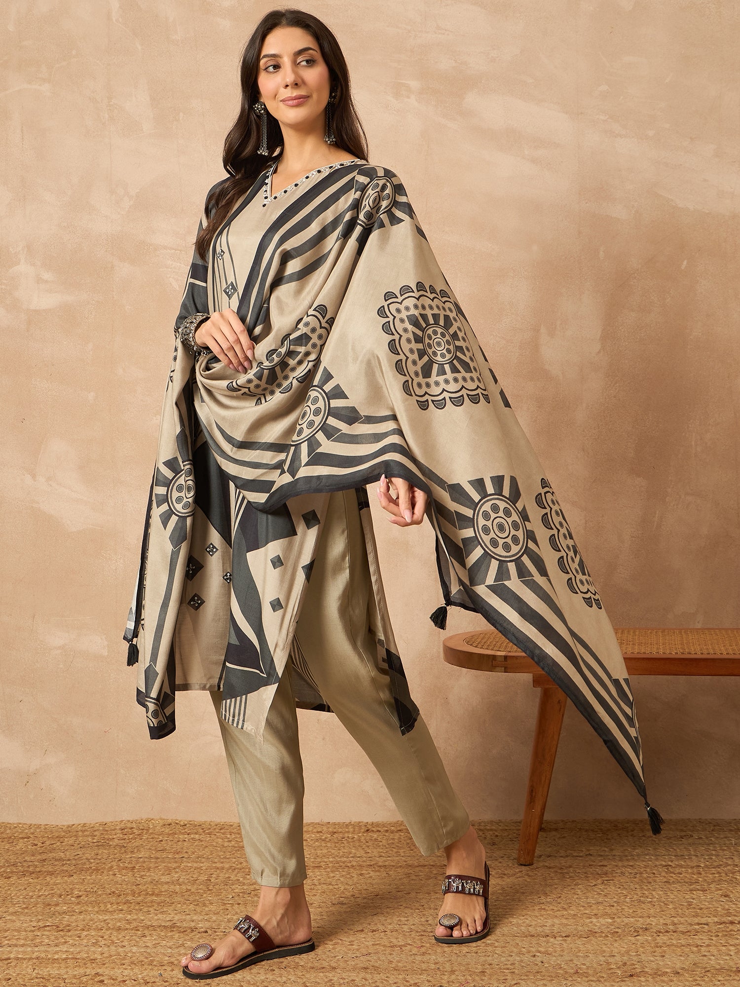 Grey Printed Pure Silk Kurta Set — flat lay — silk kurta set party wear — Banwaree India