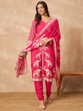 Pink Pure Silk Printed Kurta Set — front view — festive silk kurti with dupatta