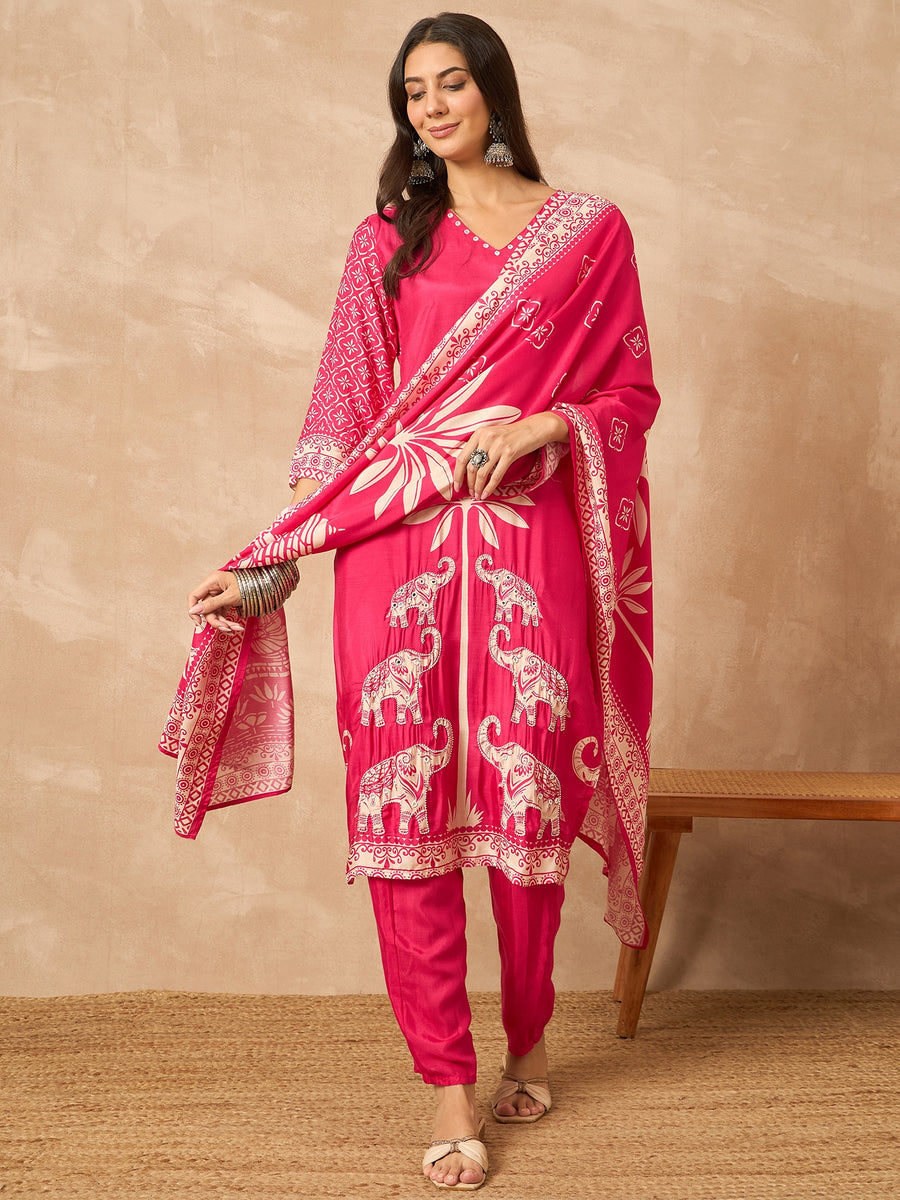Pink Pure Silk Printed Kurta Set for Women with Dupatta
