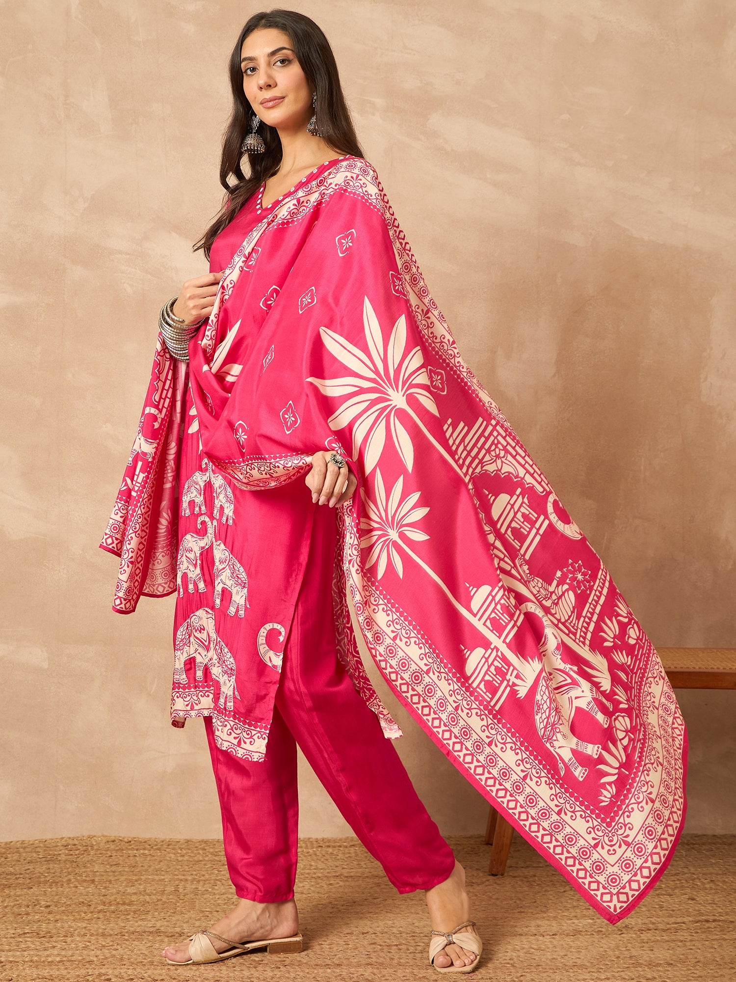 Pink Pure Silk Printed Kurta Set — side view — Pink Pure Silk women — Banwaree