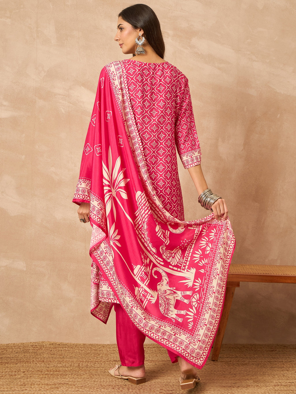 Pink Pure Silk Printed Kurta Set — back view with dupatta — Banwaree India