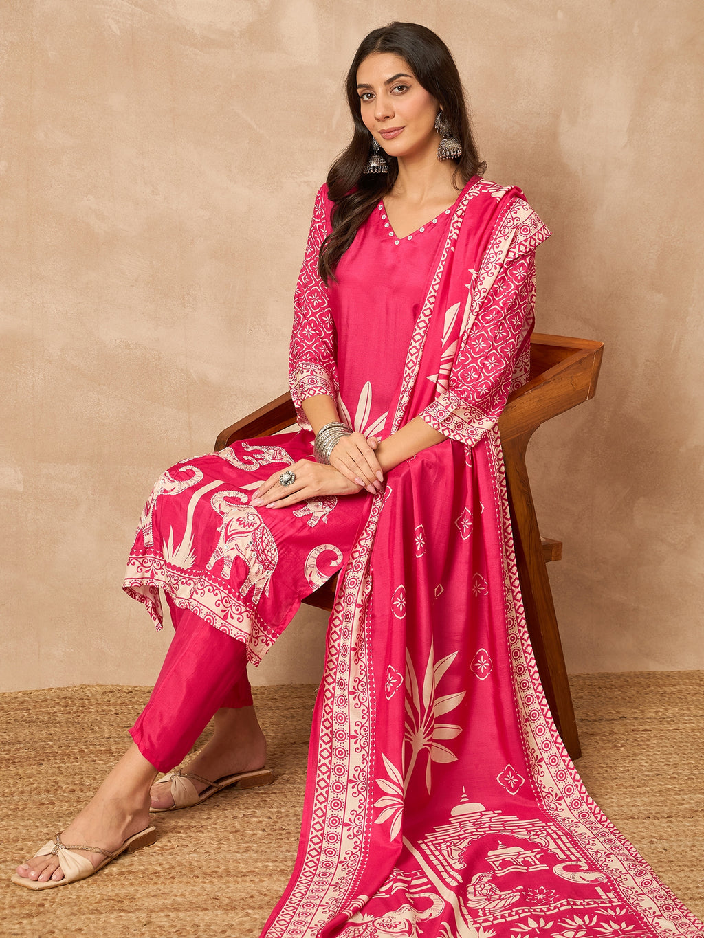 Pink Pure Silk Printed Kurta Set — fabric detail — Pink traditional pure silk