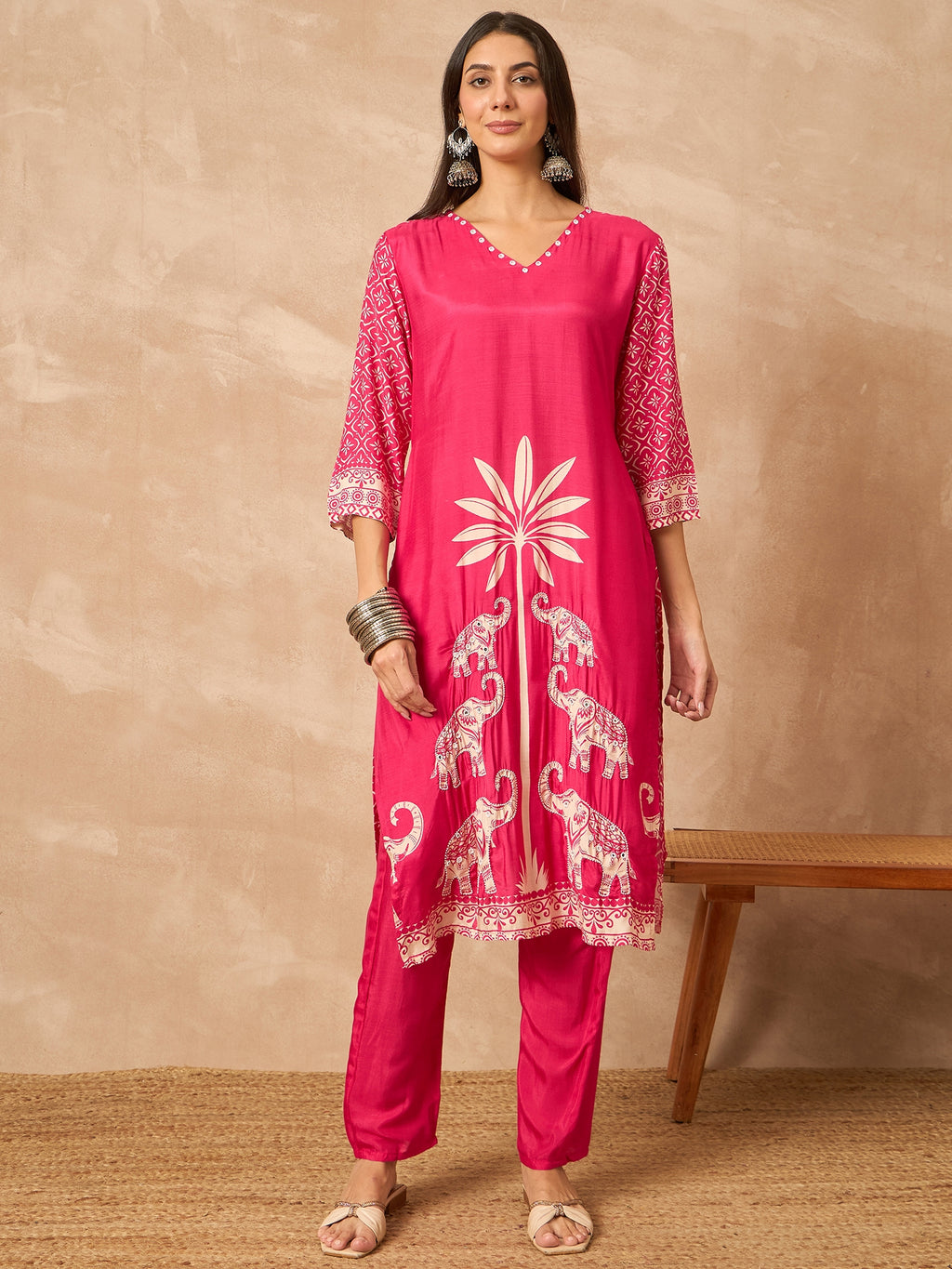 Pink Pure Silk Printed Kurta Set — complete 3-piece set — Pink Pure Silk