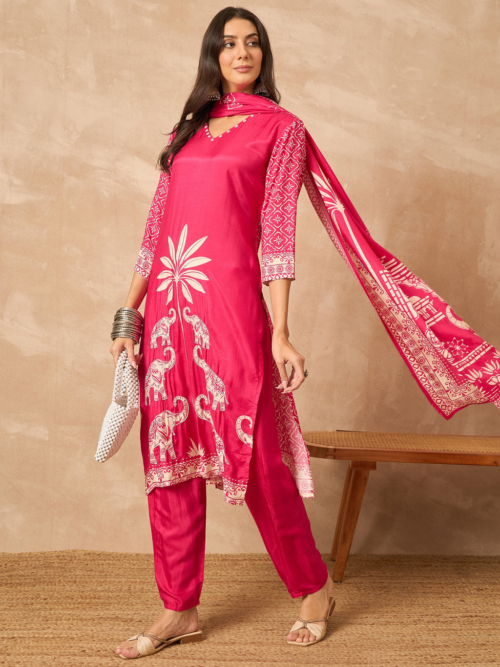 Pink Pure Silk Printed Kurta Set — flat lay — silk kurta set party wear — Banwaree India