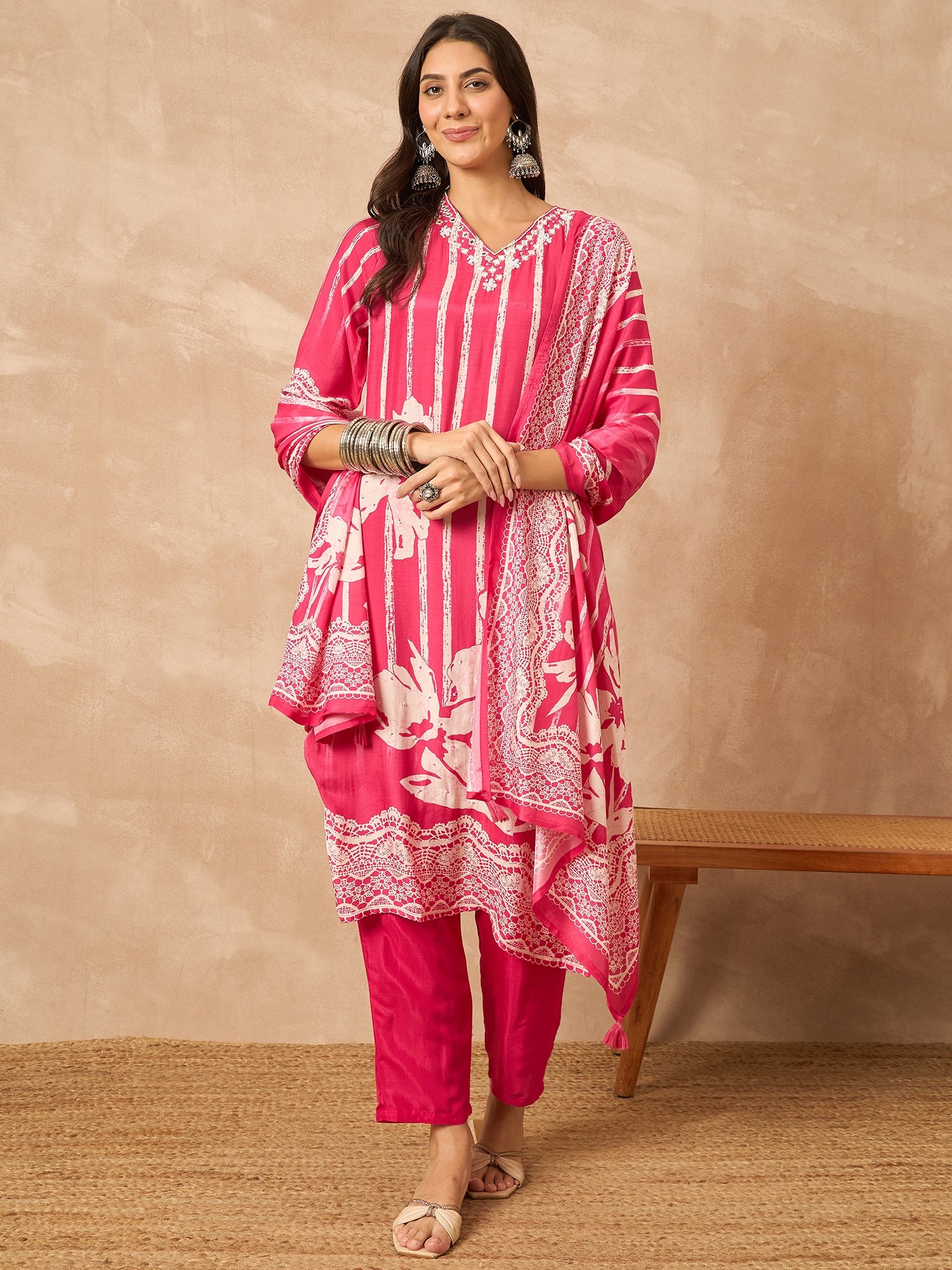Pink Printed Pure Silk Kurta Set — front view — festive silk kurti with dupatta