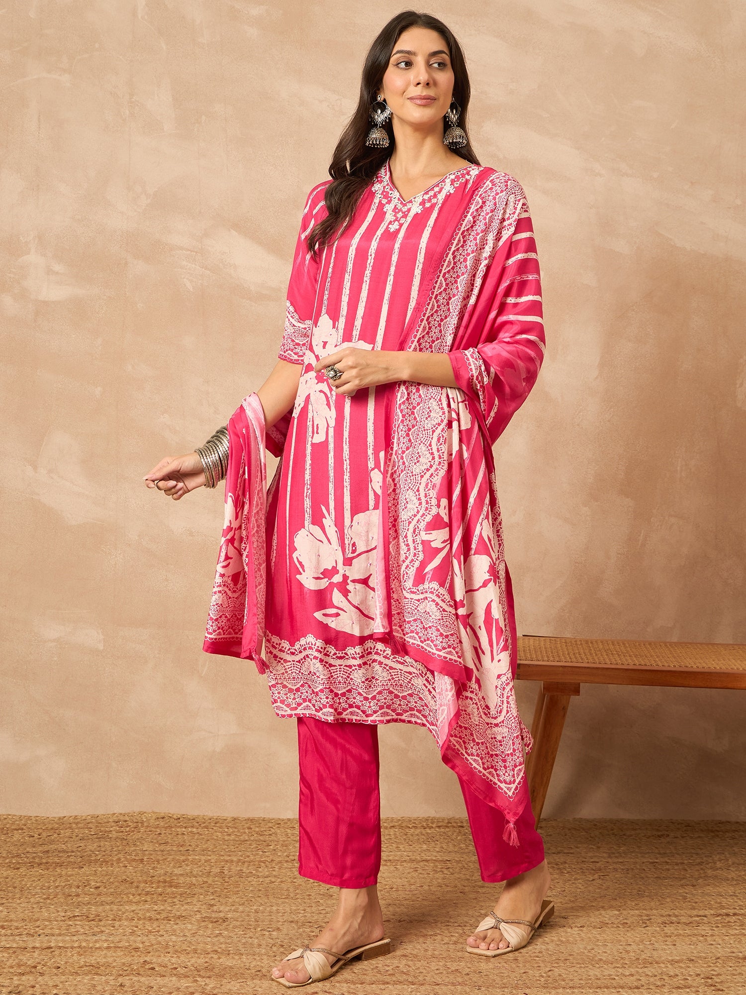 Pink Printed Pure Silk Kurta Set — side view — Pink Pure Silk women — Banwaree