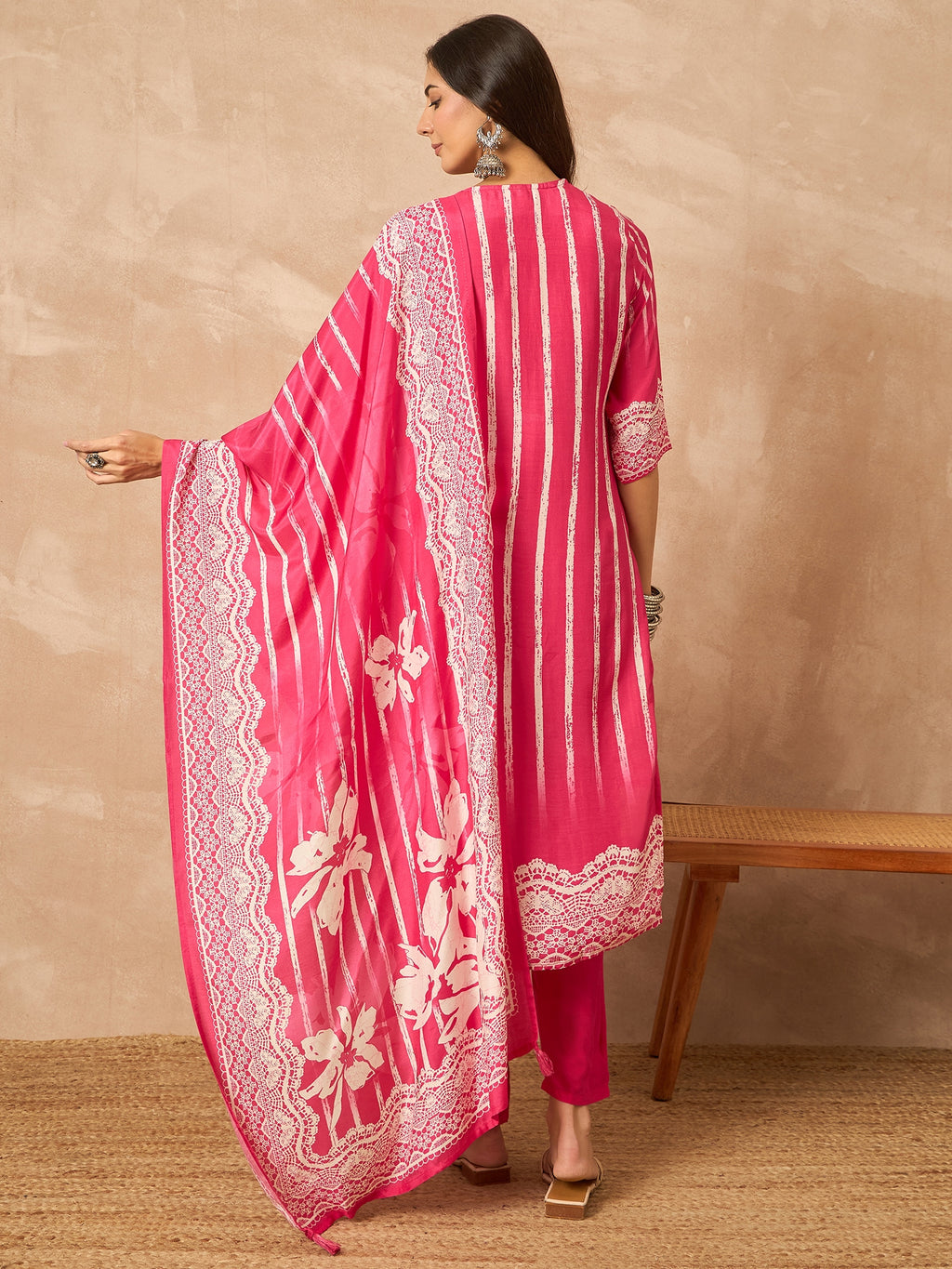 Pink Printed Pure Silk Kurta Set — back view with dupatta — Banwaree India