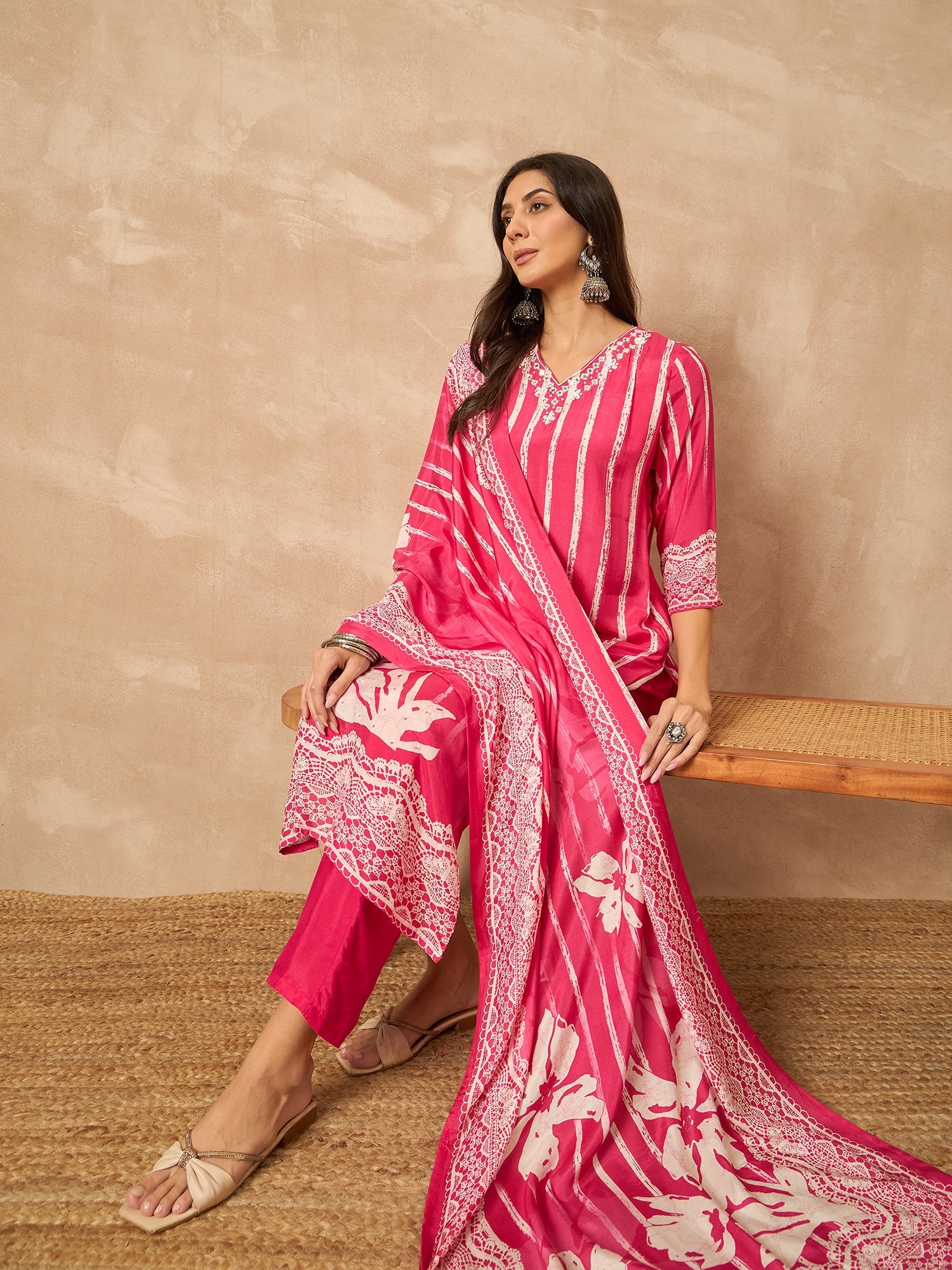 Pink Printed Pure Silk Kurta Set — fabric detail — Pink traditional pure silk