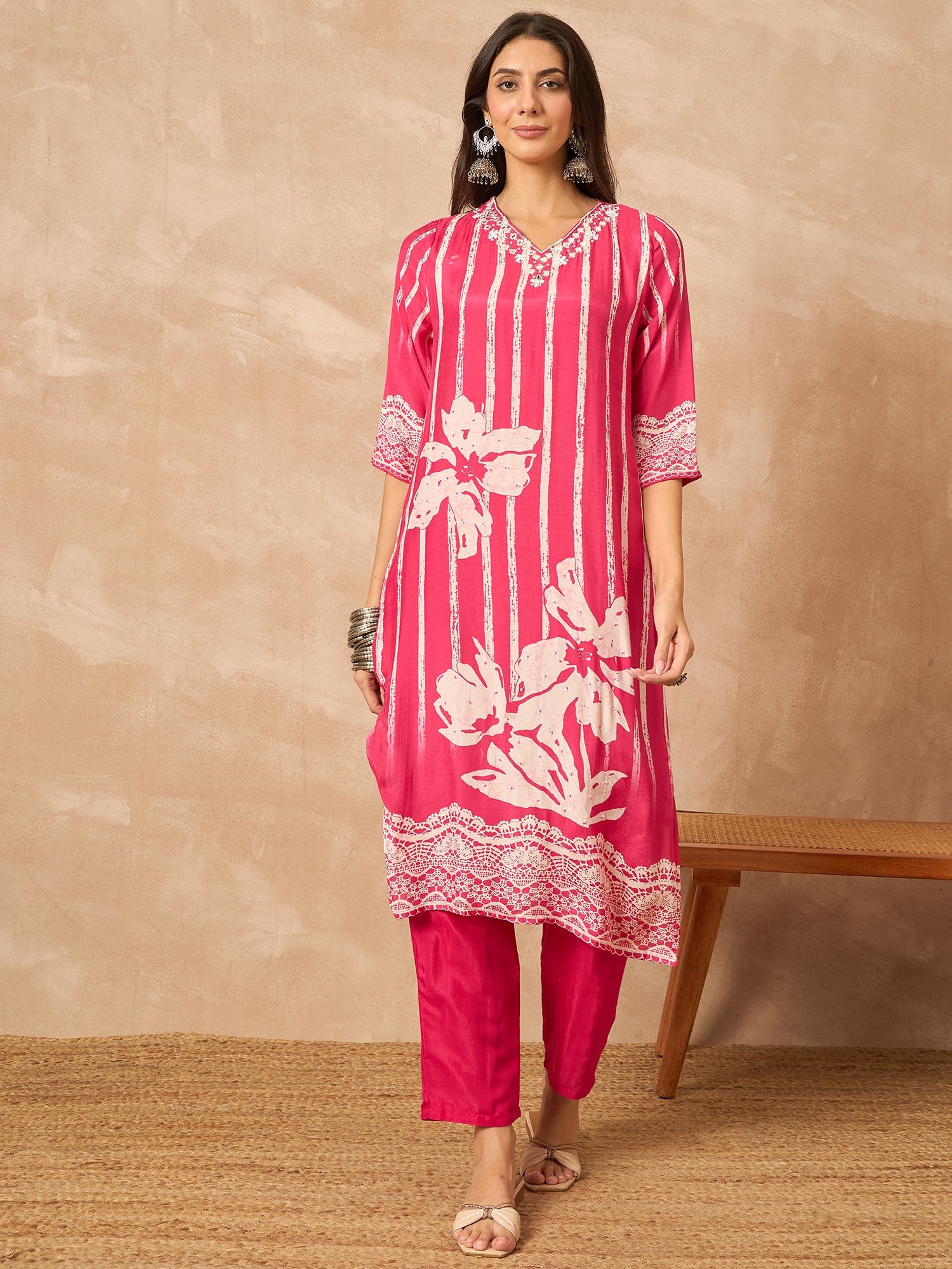 Pink Printed Pure Silk Kurta Set — complete 3-piece set — Pink Pure Silk