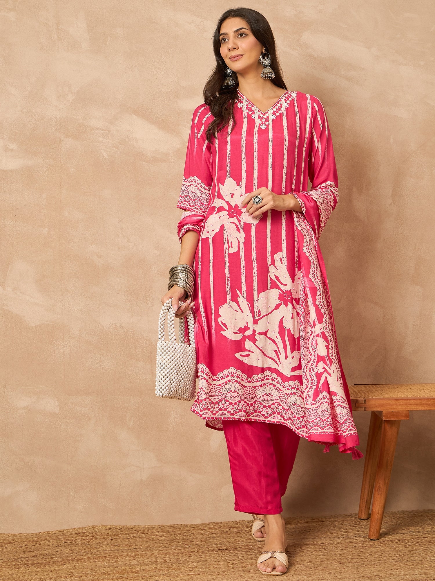 Pink Printed Pure Silk Kurta Set — flat lay — silk kurta set party wear — Banwaree India