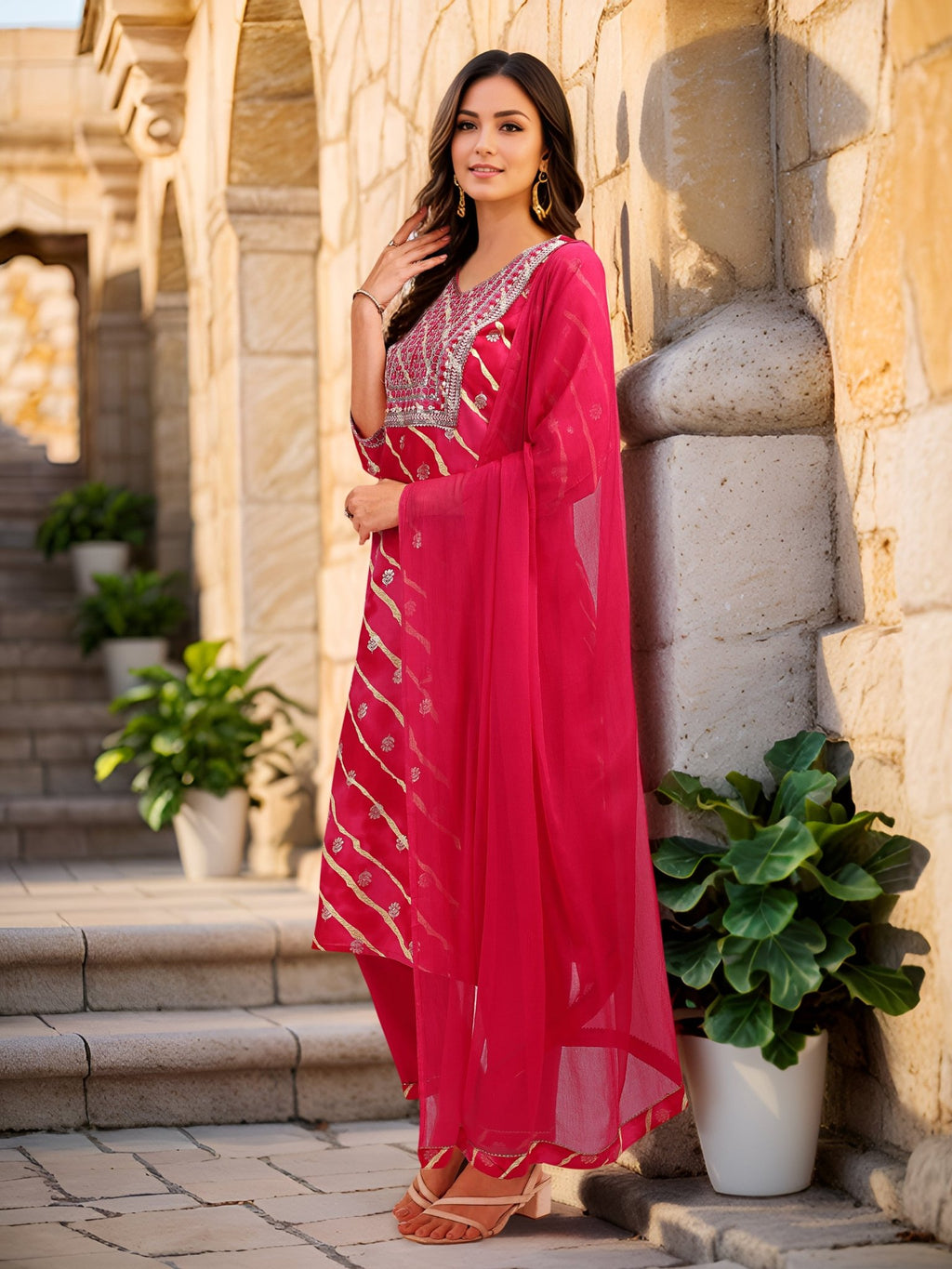 Pink Pure Cotton Kurta Set — back view with dupatta — Banwaree India 2