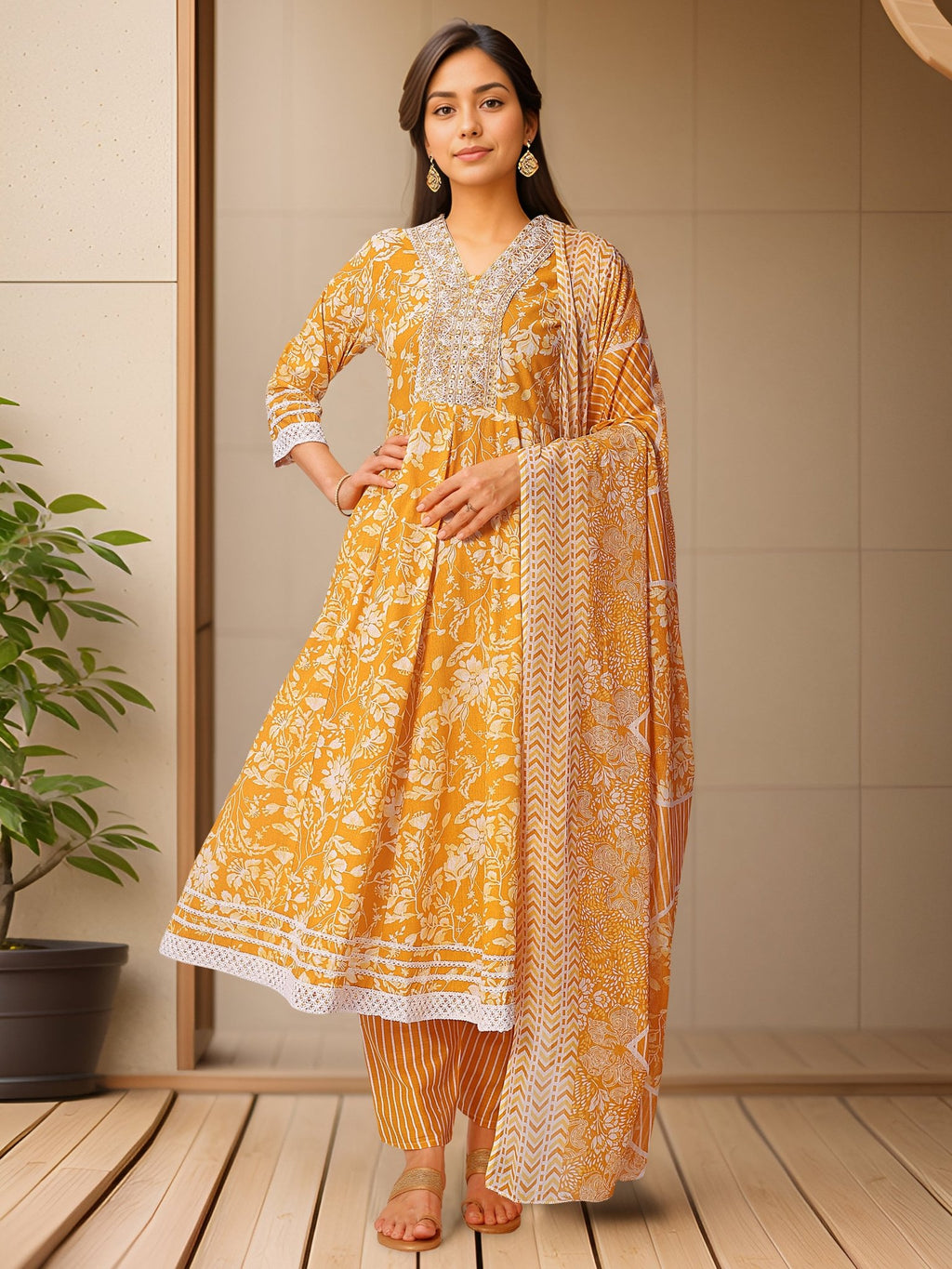 Printed Yellow Kurta Set in Pure Cotton — front view — pure cotton ethnic wear women