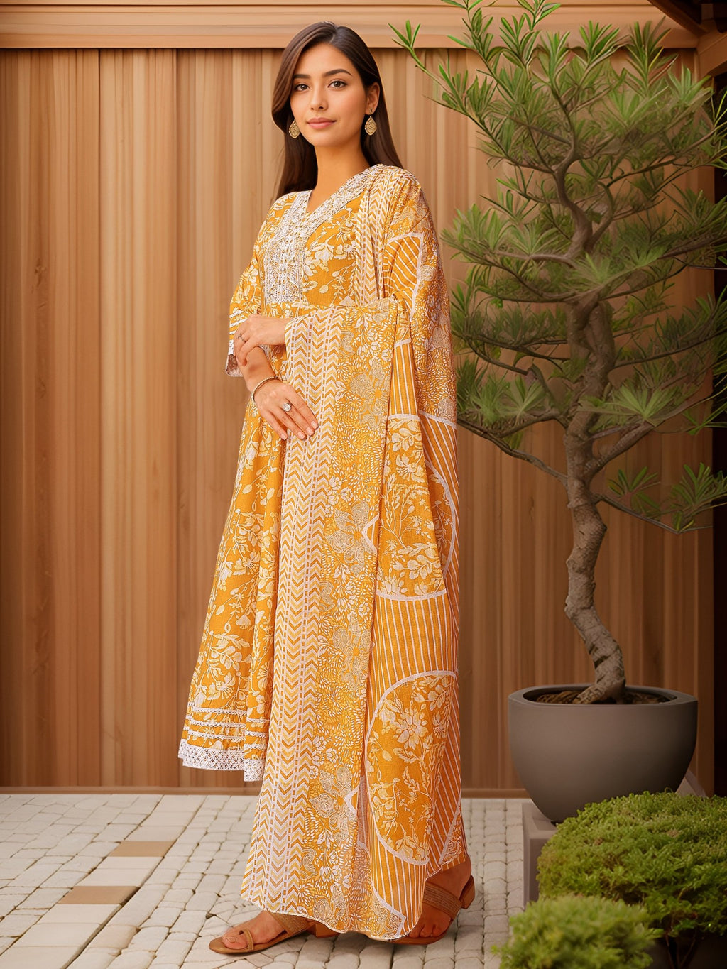 Printed Yellow Kurta Set in Pure Cotton — back view with dupatta — Banwaree India