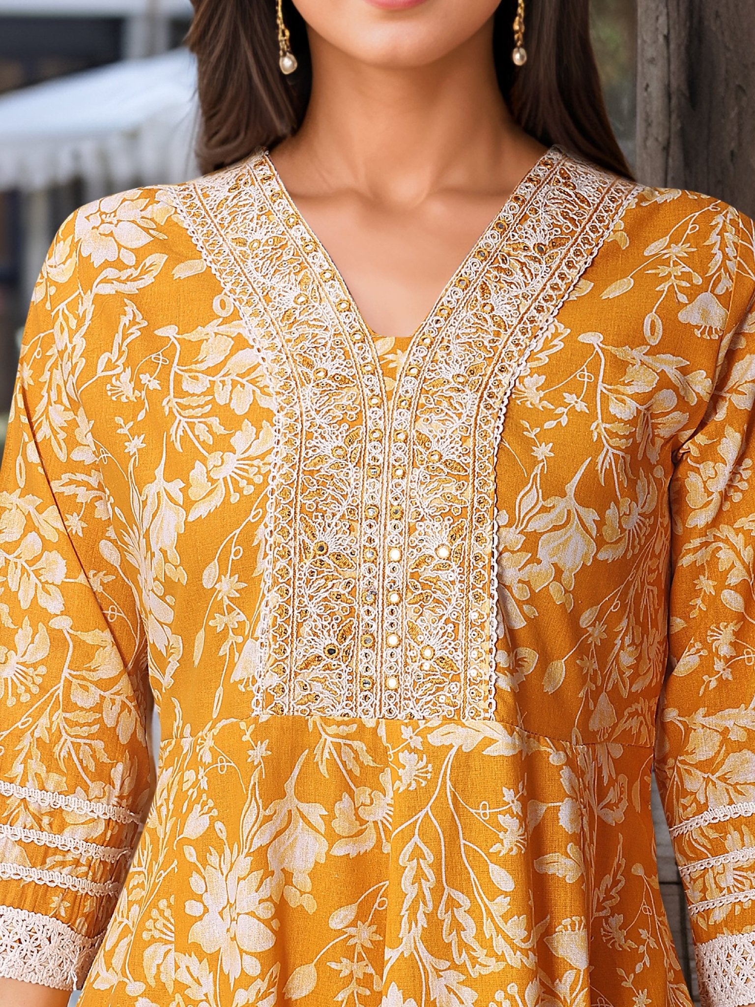 Printed Yellow Kurta Set in Pure Cotton — fabric detail — Yellow comfortable pure cotton