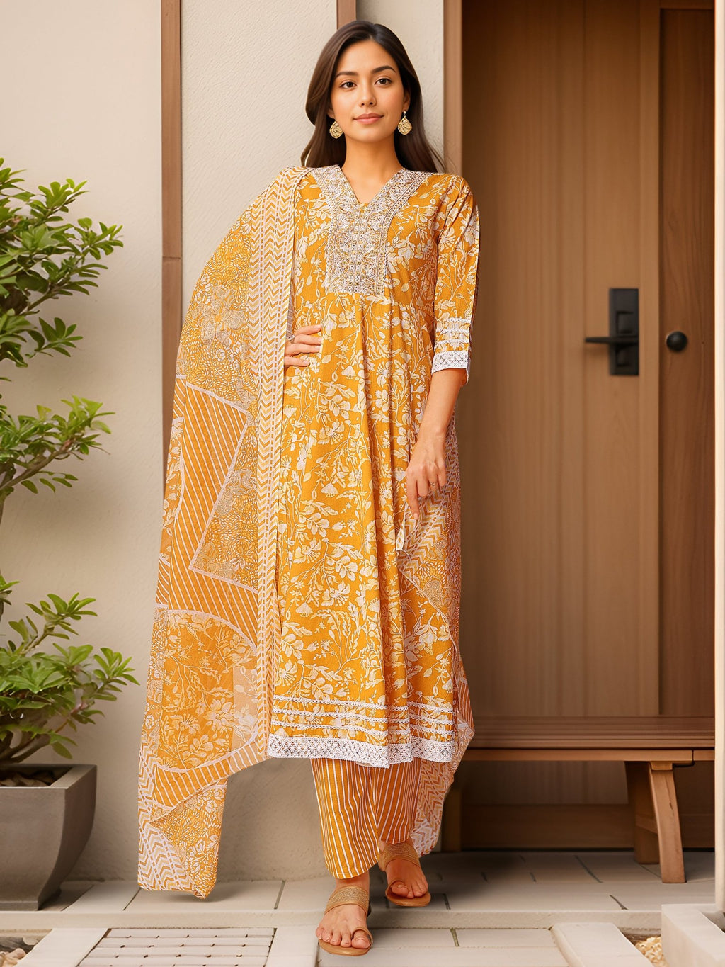 Printed Yellow Kurta Set in Pure Cotton — festive styling — summer pure cotton — Banwaree
