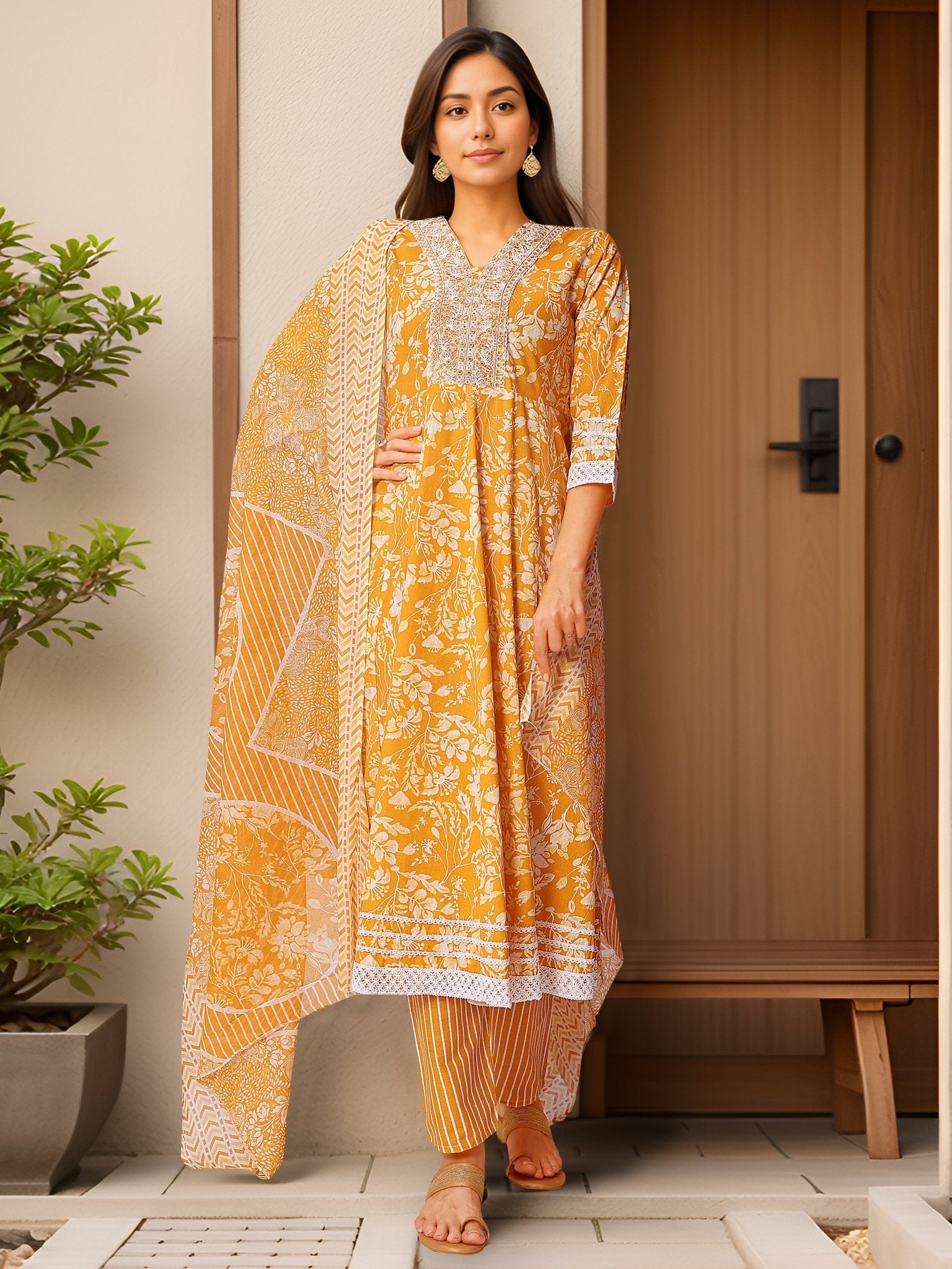 Printed Yellow Kurta Set in Pure Cotton — festive styling — summer pure cotton — Banwaree