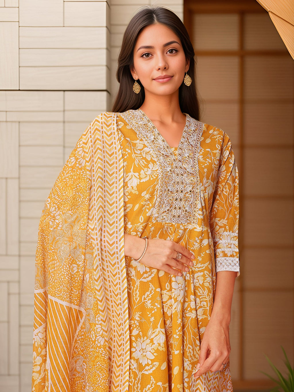 Printed Yellow Kurta Set in Pure Cotton — dupatta close up — Yellow Pure Cotton — Banwaree