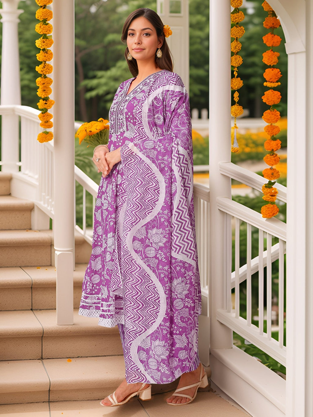 Purple Pure Cotton Straight Kurta Set — back view with dupatta — Banwaree India