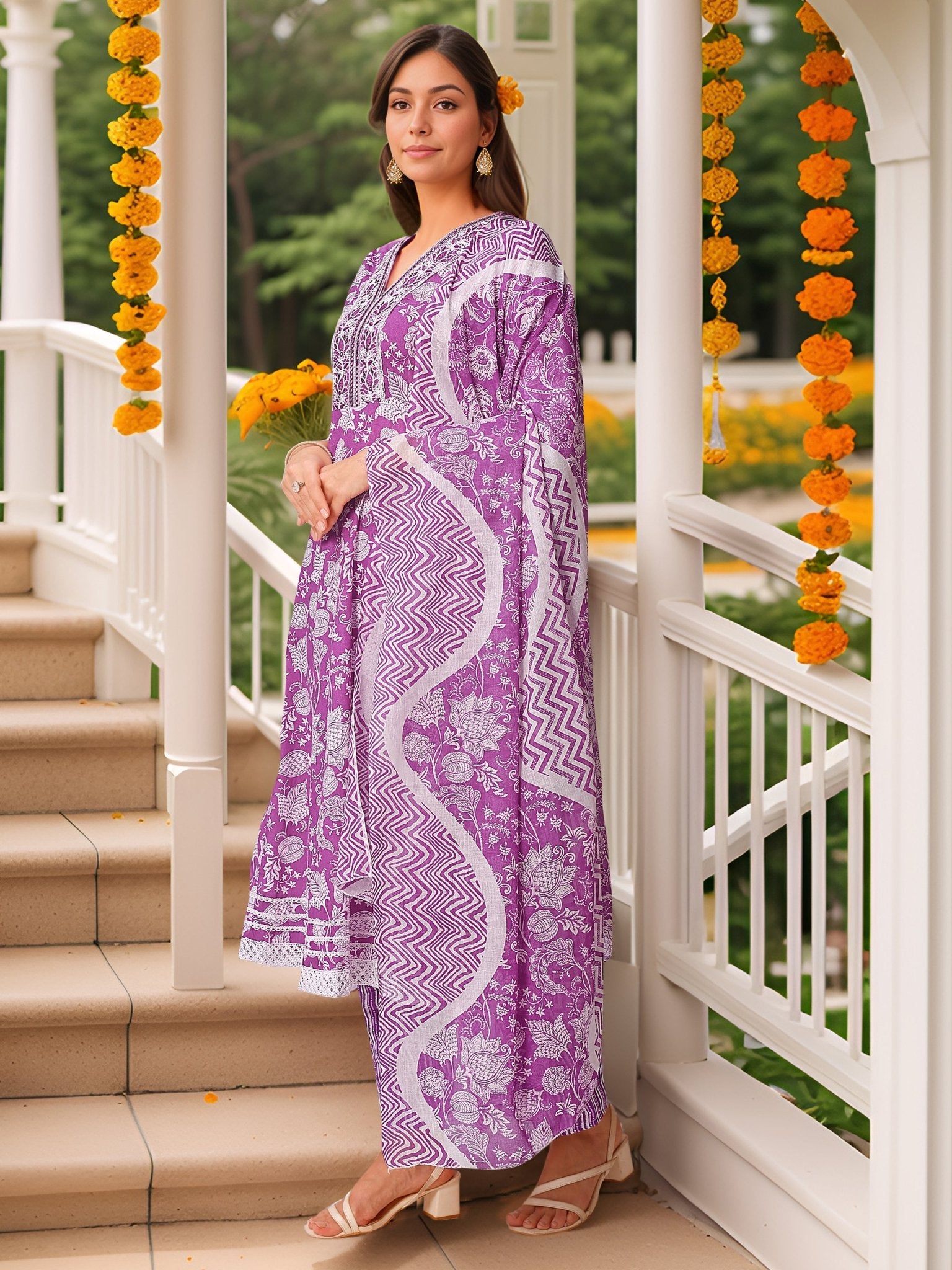 Purple Pure Cotton Straight Kurta Set — back view with dupatta — Banwaree India
