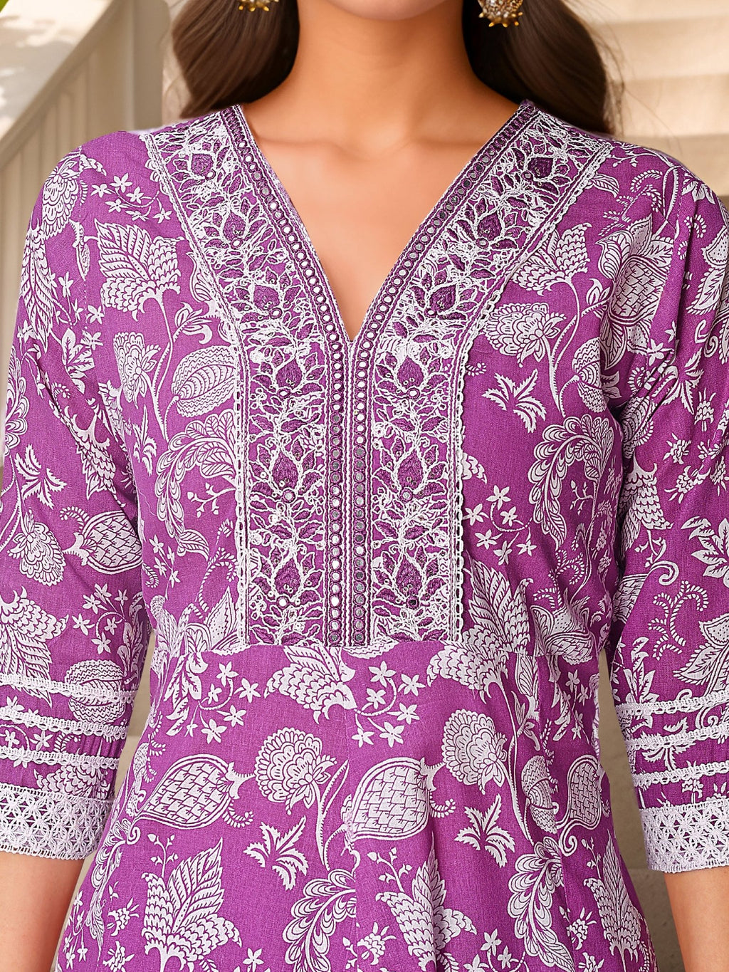 Purple Pure Cotton Straight Kurta Set — fabric detail — Purple comfortable pure cotton