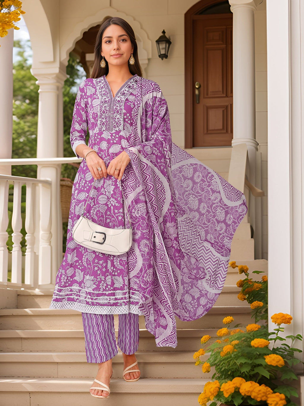 Purple Pure Cotton Straight Kurta Set — festive styling — summer pure cotton — Banwaree