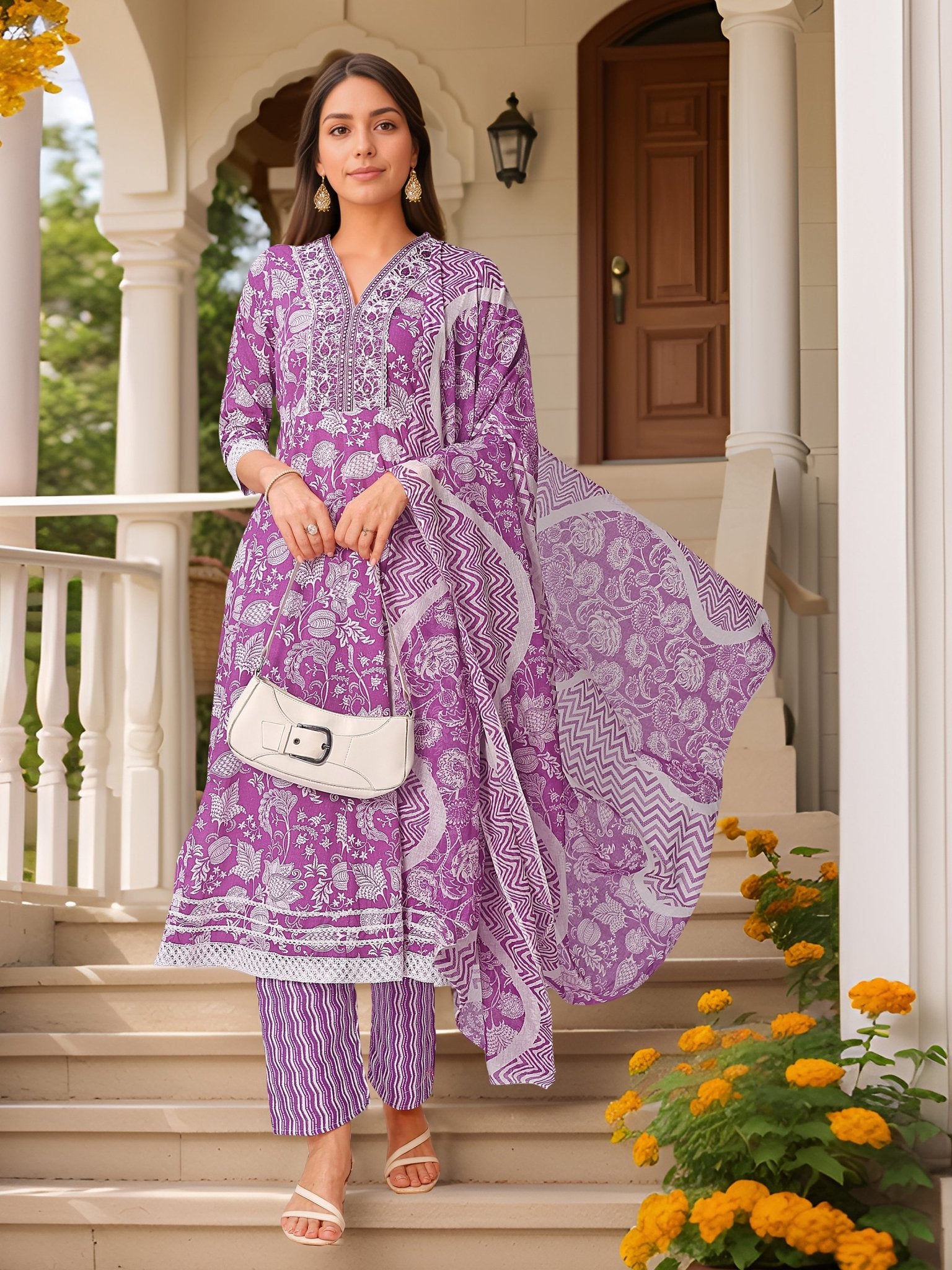 Purple Pure Cotton Straight Kurta Set — festive styling — summer pure cotton — Banwaree