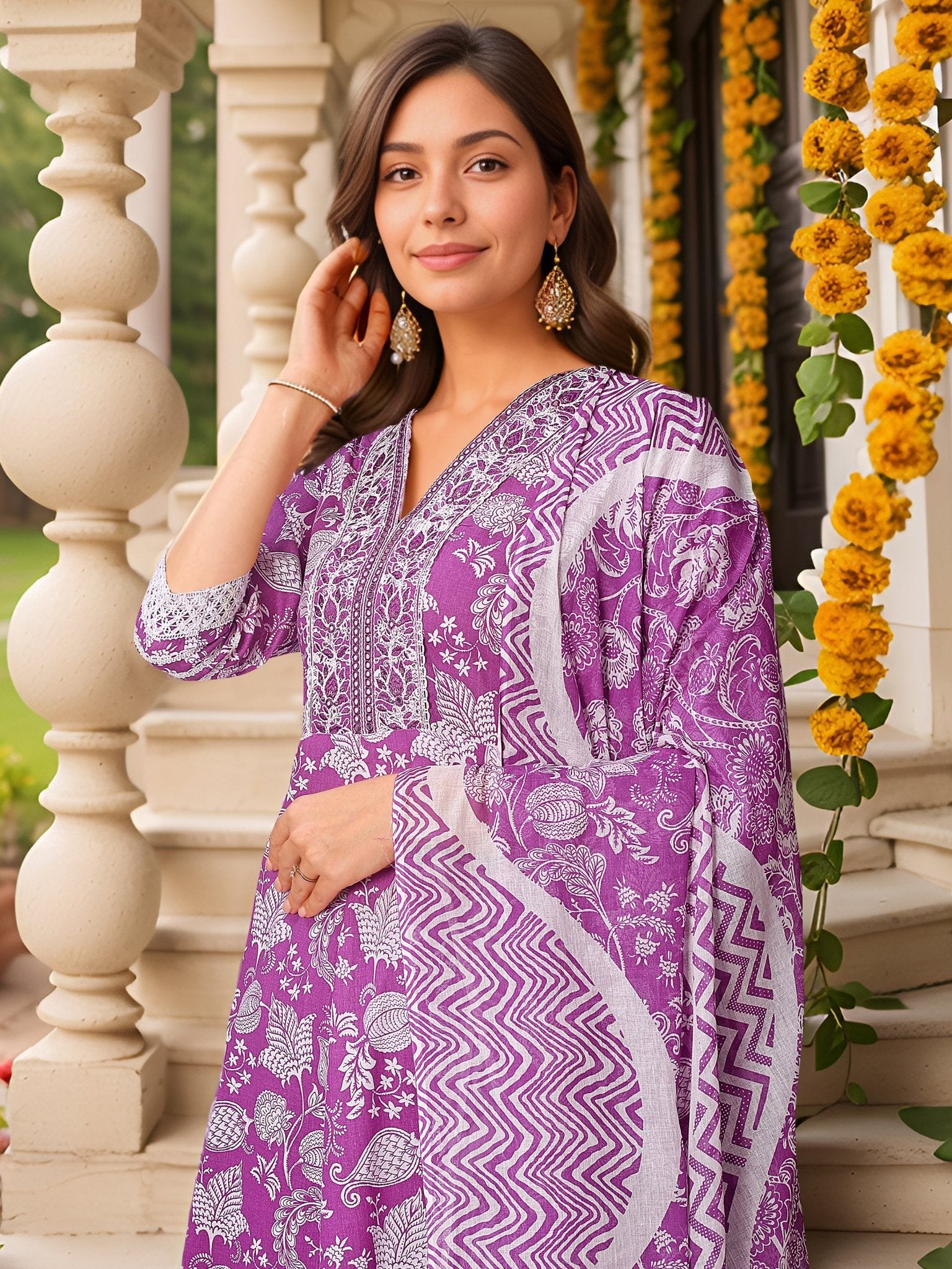 Purple Pure Cotton Straight Kurta Set — dupatta close up — Purple Pure Cotton — Banwaree