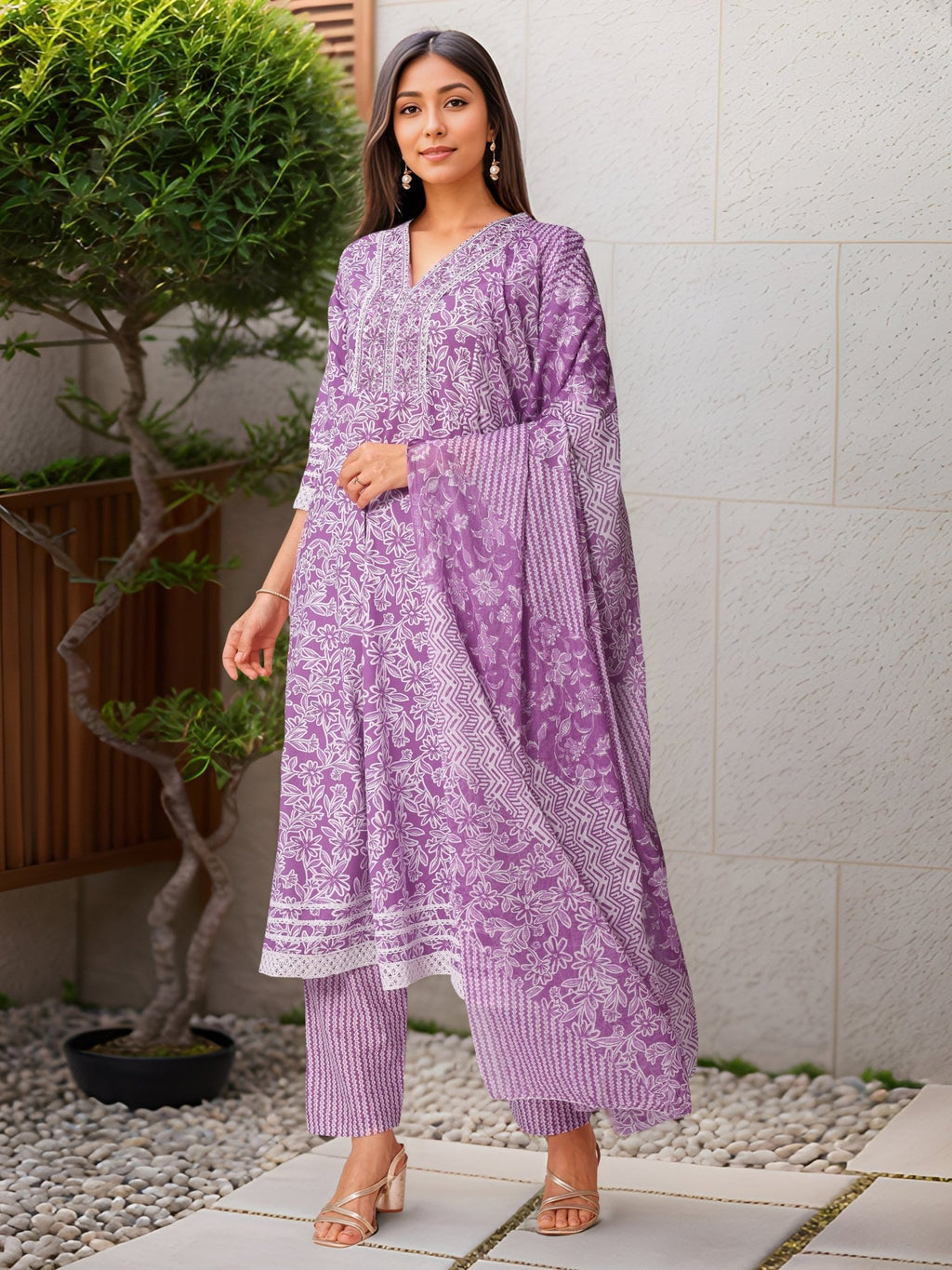 Purple Straight Kurta Set — front view — pure cotton ethnic wear women