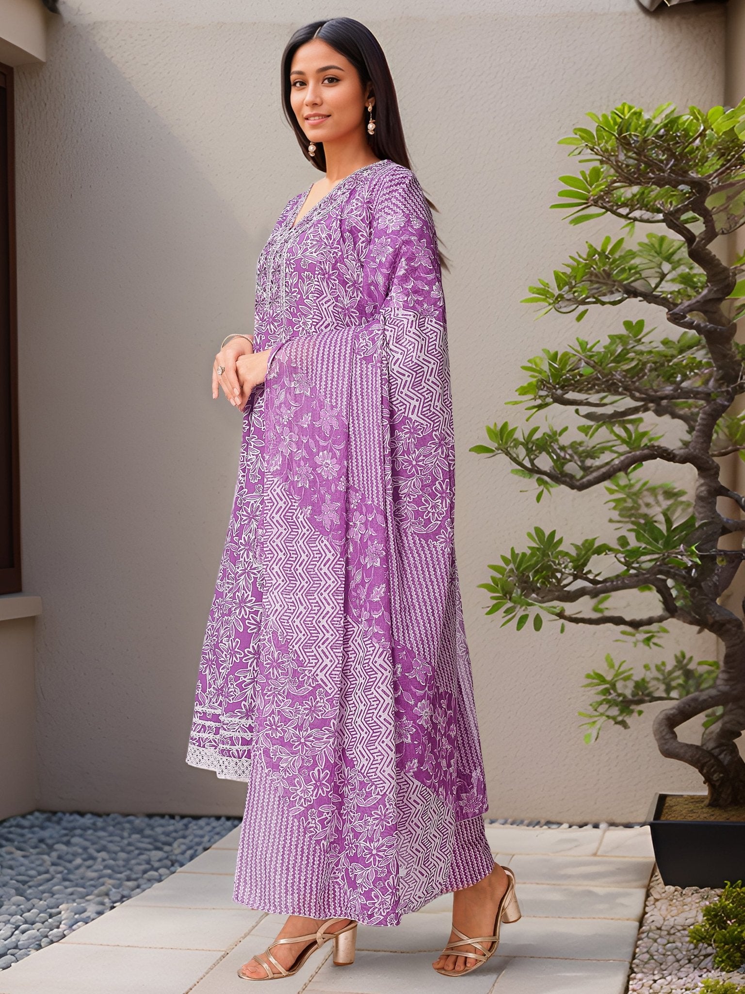 Purple Straight Kurta Set — back view with dupatta — Banwaree India