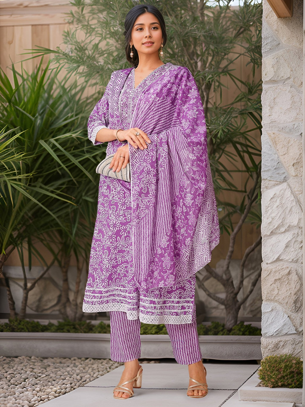 Purple Straight Kurta Set — festive styling — summer pure cotton — Banwaree