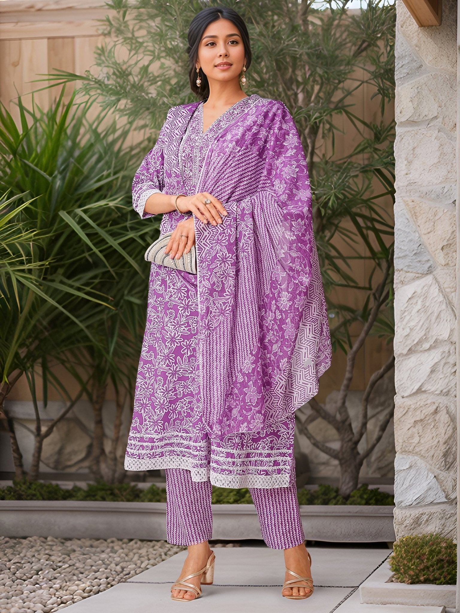 Purple Straight Kurta Set — festive styling — summer pure cotton — Banwaree