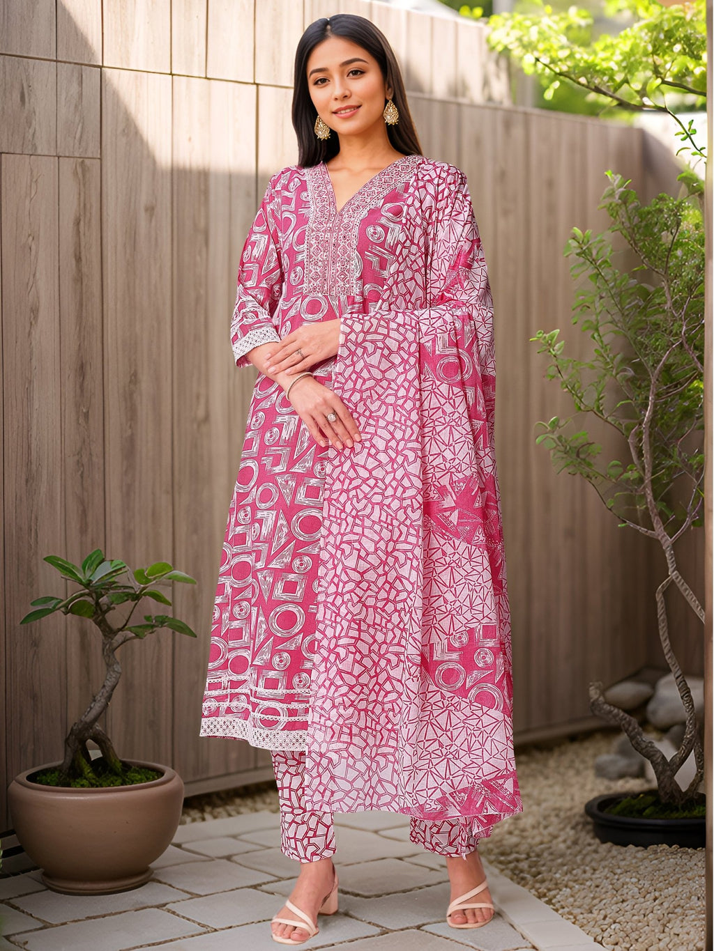 Pink Printed Pure Cotton Ethnic Kurta Set — front view — pure cotton ethnic wear women