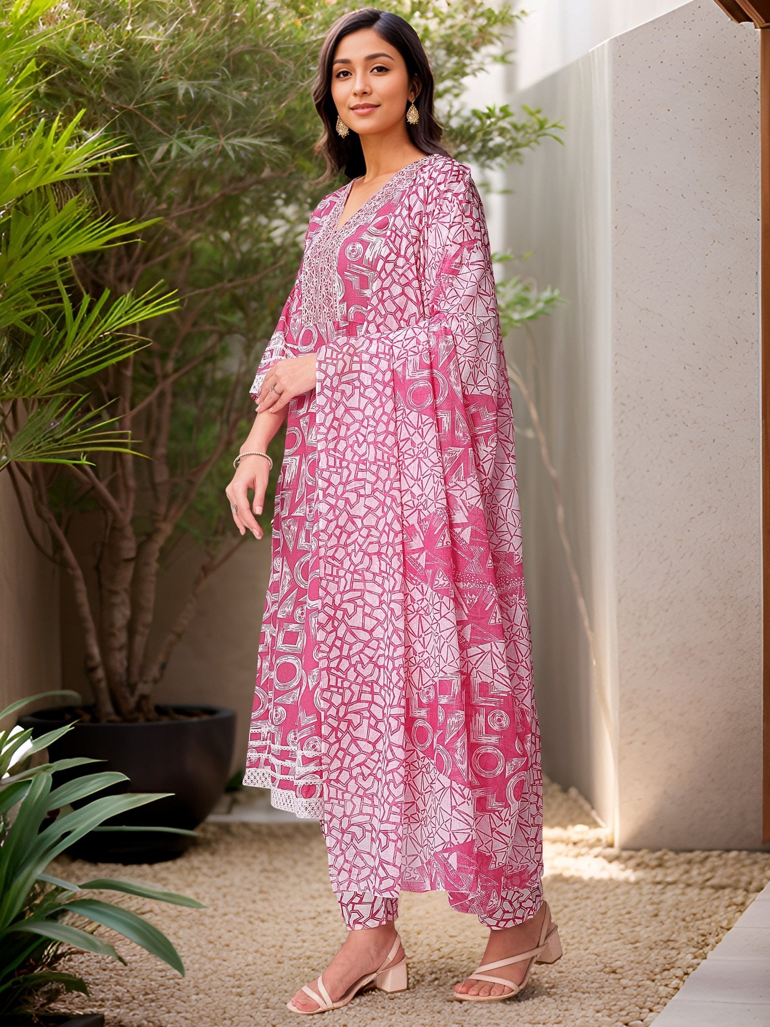 Pink Printed Pure Cotton Ethnic Kurta Set — back view with dupatta — Banwaree India
