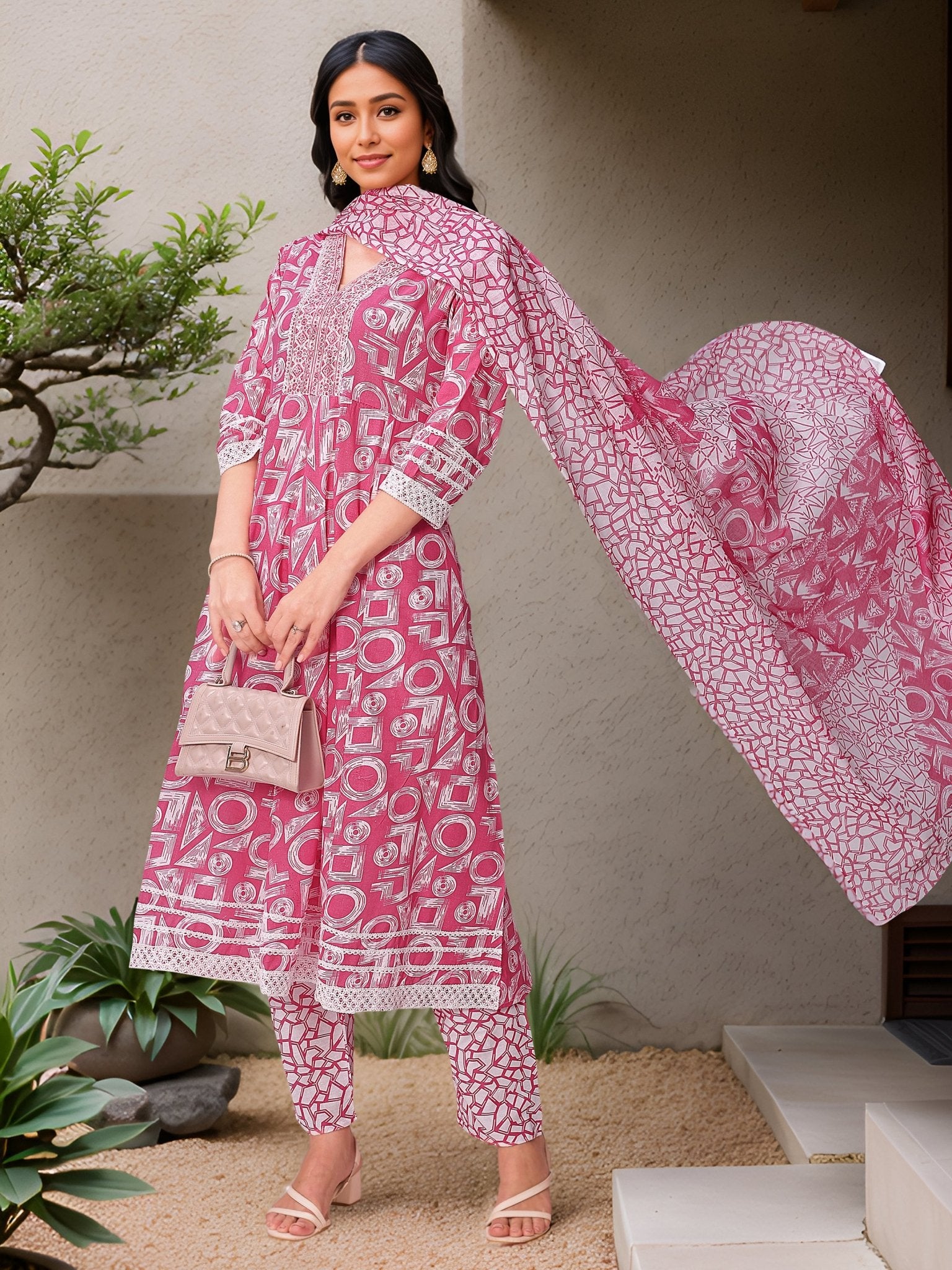 Pink Printed Pure Cotton Ethnic Kurta Set — casual styling — summer pure cotton — Banwaree
