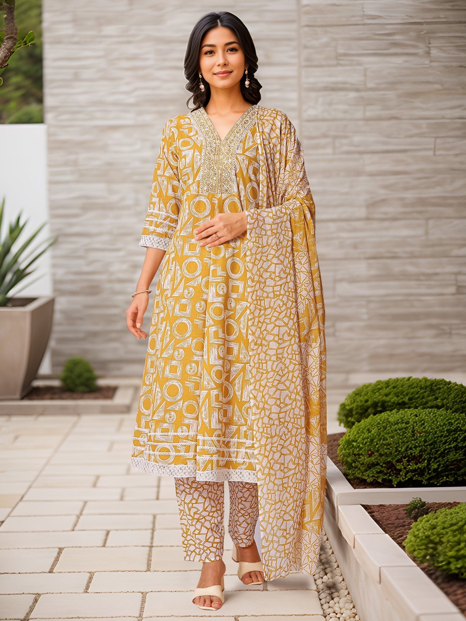 Ethnic Yellow Pure Cotton Printed Kurta Set — front view — pure cotton ethnic wear women