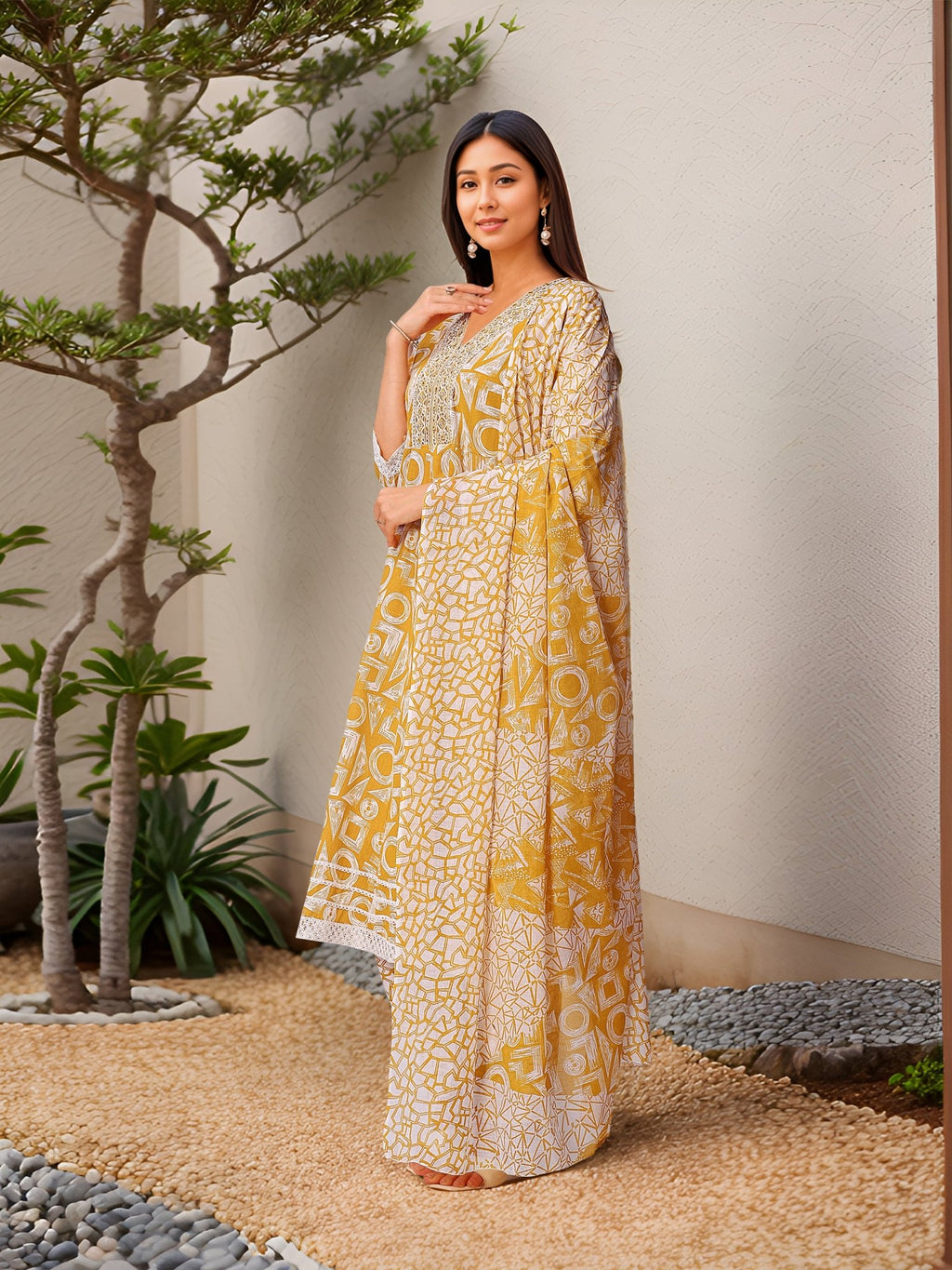 Ethnic Yellow Pure Cotton Printed Kurta Set — back view with dupatta — Banwaree India