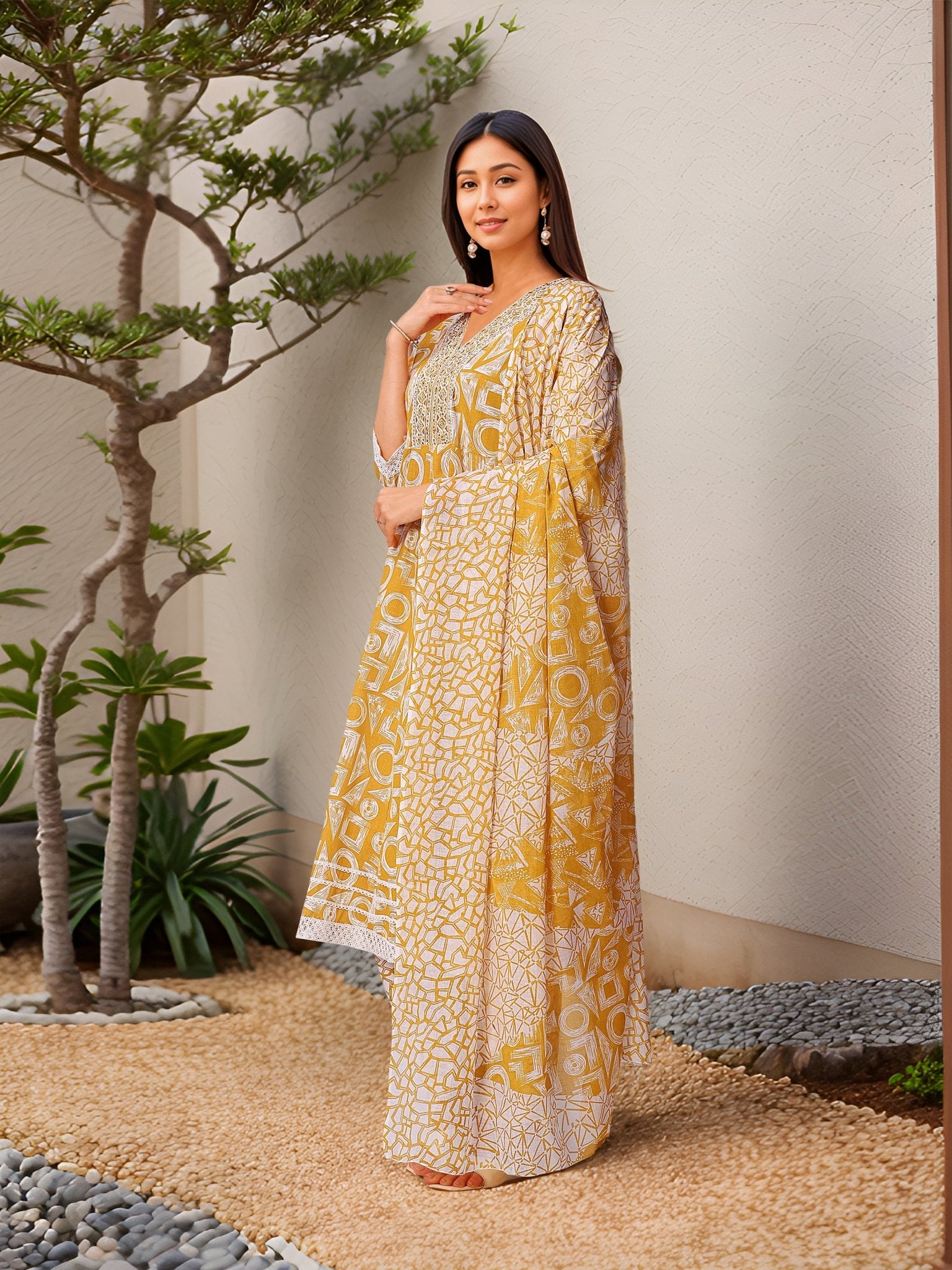 Ethnic Yellow Pure Cotton Printed Kurta Set — back view with dupatta — Banwaree India