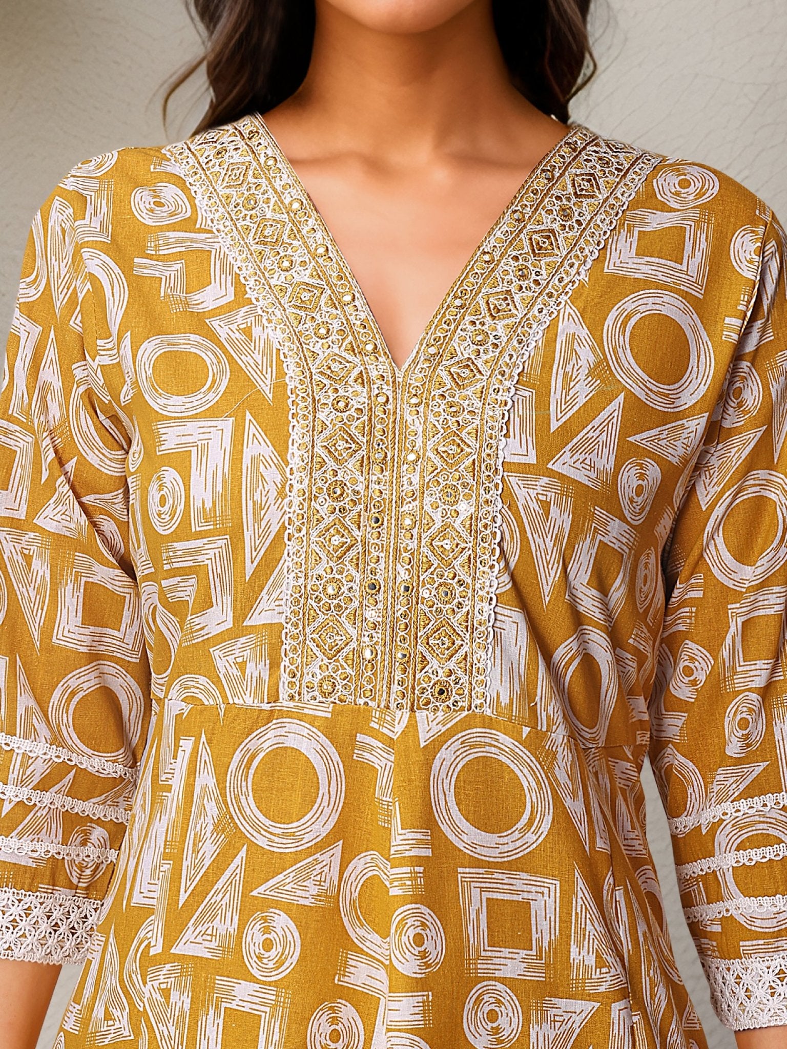 Ethnic Yellow Pure Cotton Printed Kurta Set — fabric detail — Yellow comfortable pure cotton