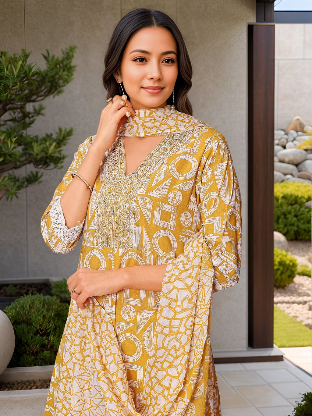 Ethnic Yellow Pure Cotton Printed Kurta Set — dupatta close up — Yellow Pure Cotton — Banwaree