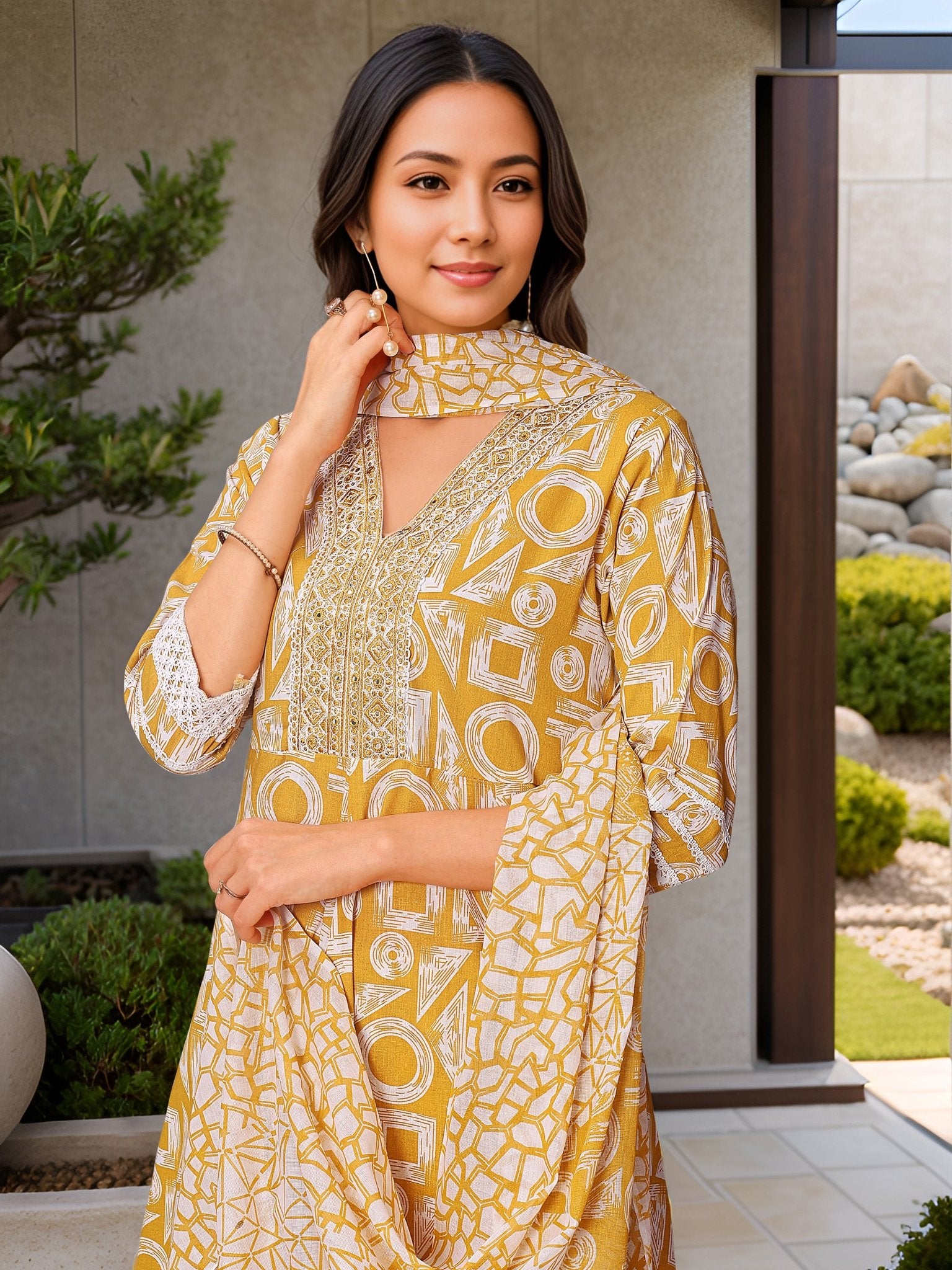 Ethnic Yellow Pure Cotton Printed Kurta Set — dupatta close up — Yellow Pure Cotton — Banwaree