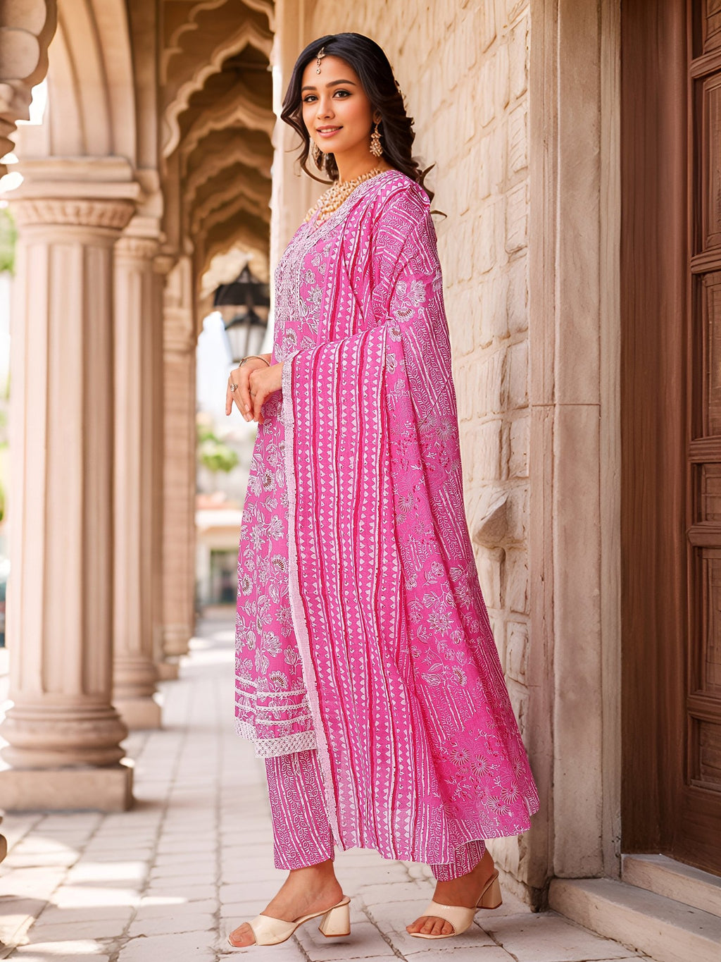 Pink Pure Cotton Kurta Set — back view with dupatta — Banwaree India